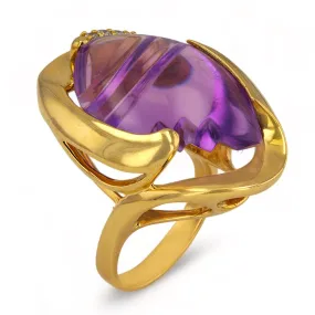 18K Yellow solid Gold oval Ring with Fancy Cut Amethyst and Diamonds - 32655