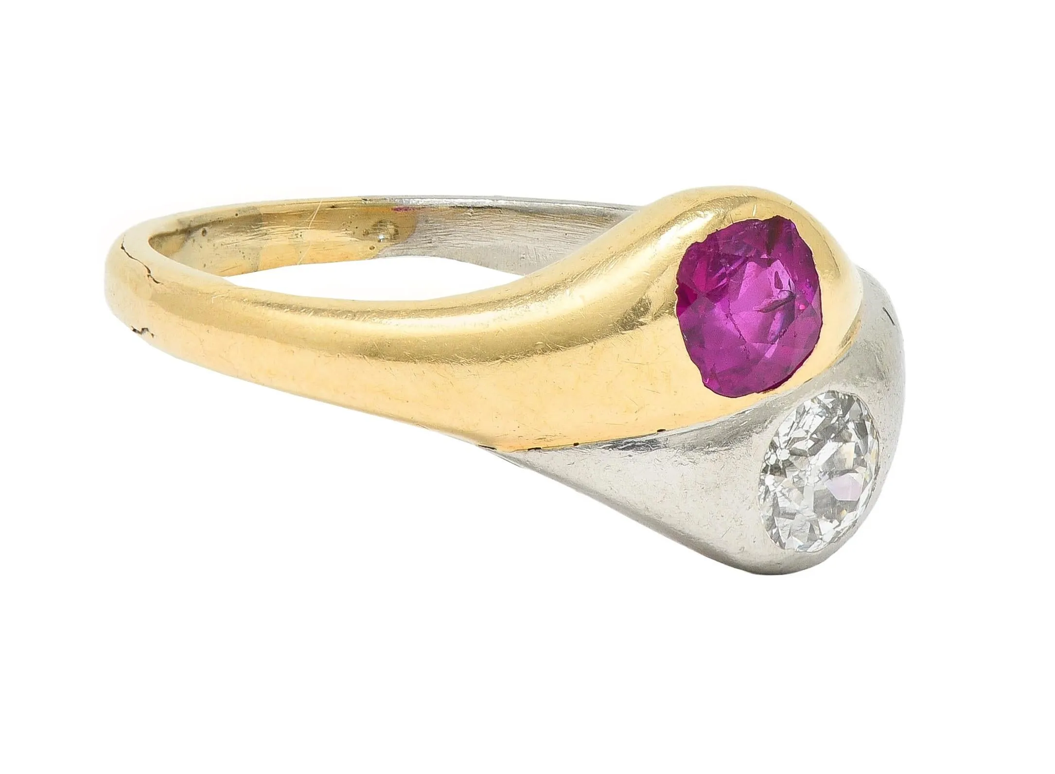 1960's 1.03 CTW Ruby Diamond Platinum 14 Karat Yellow Gold Vintage Toi-Et-Moi Ring