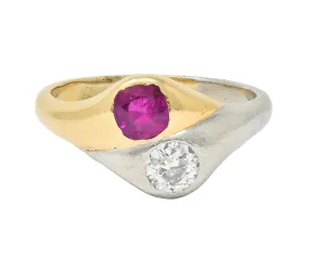 1960's 1.03 CTW Ruby Diamond Platinum 14 Karat Yellow Gold Vintage Toi-Et-Moi Ring