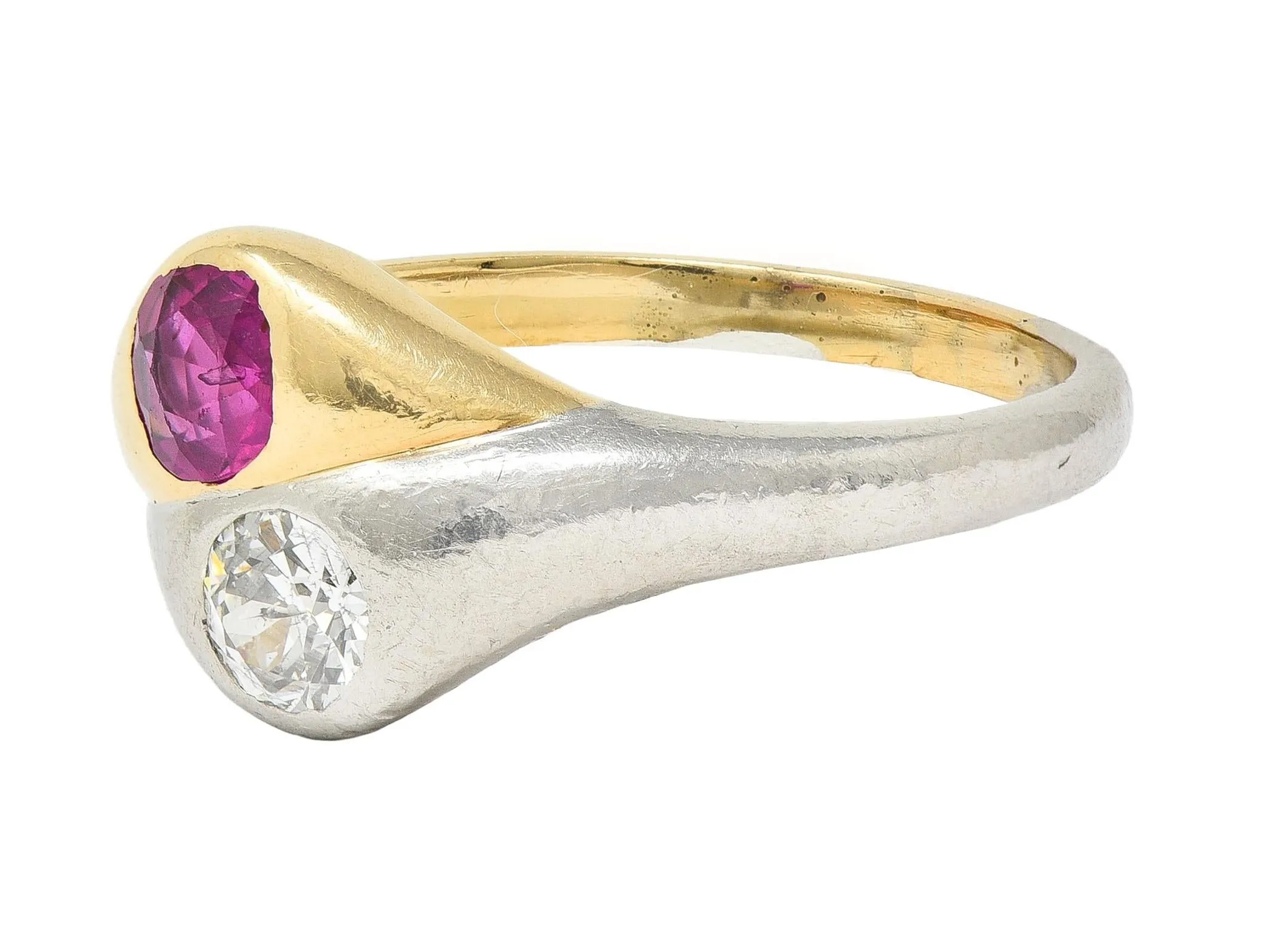 1960's 1.03 CTW Ruby Diamond Platinum 14 Karat Yellow Gold Vintage Toi-Et-Moi Ring