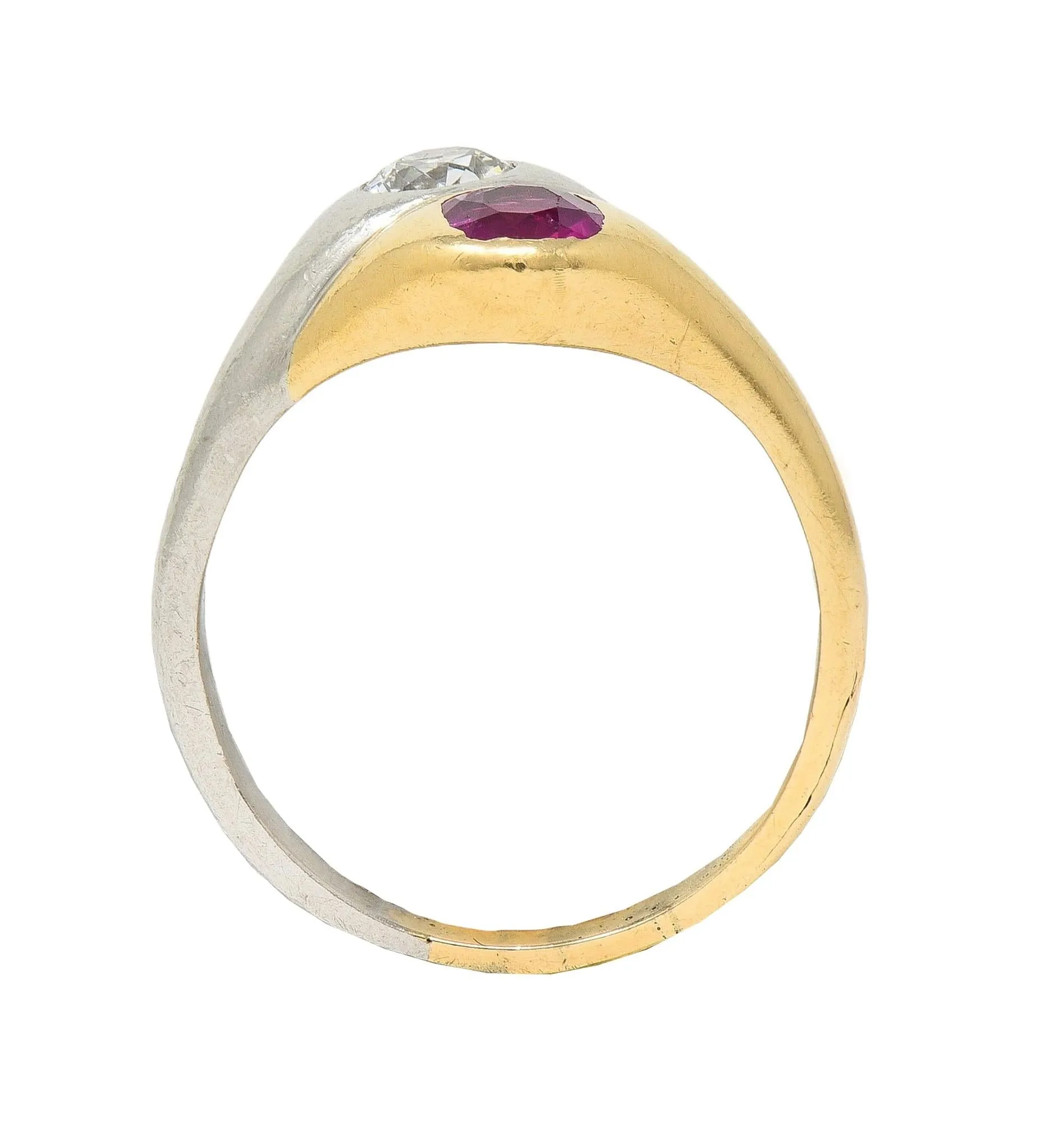 1960's 1.03 CTW Ruby Diamond Platinum 14 Karat Yellow Gold Vintage Toi-Et-Moi Ring