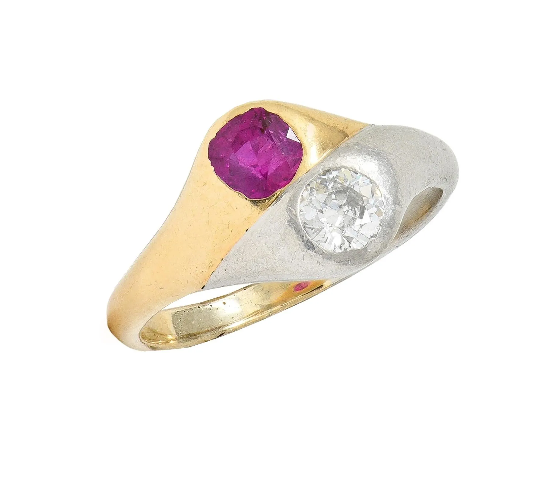 1960's 1.03 CTW Ruby Diamond Platinum 14 Karat Yellow Gold Vintage Toi-Et-Moi Ring