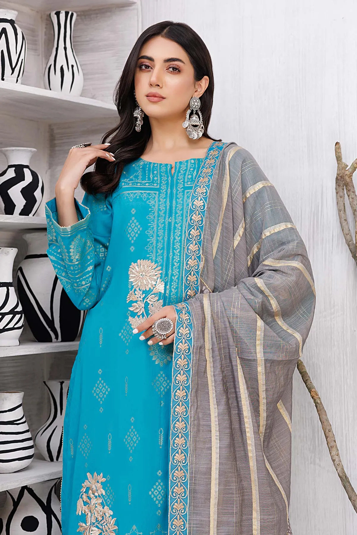 3-Pc charizma Embroidered Lawn Jacquard With Fancy Dupatta CBN23-01