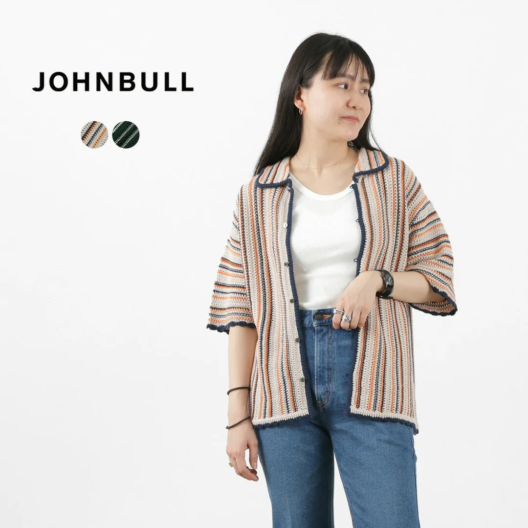 【50％OFF】JOHNBULL（ジョンブル） すかしストライプニットポロカーデ / レディース トップス 半袖 かぎ編み 綿 コットン サマーニット  STRIPE KNIT POLO CARDIGAN【セール】