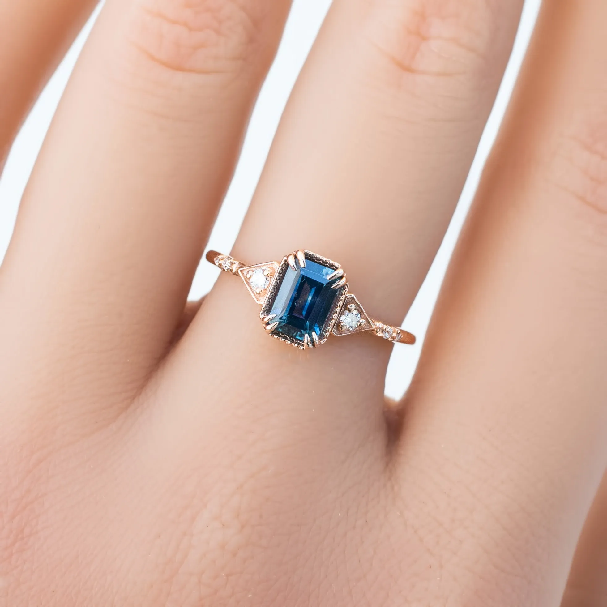 Agatha Ring 1.11ct Deep Teal Blue Emerald Montana Sapphire, 14K Rose Gold (One of a kind)