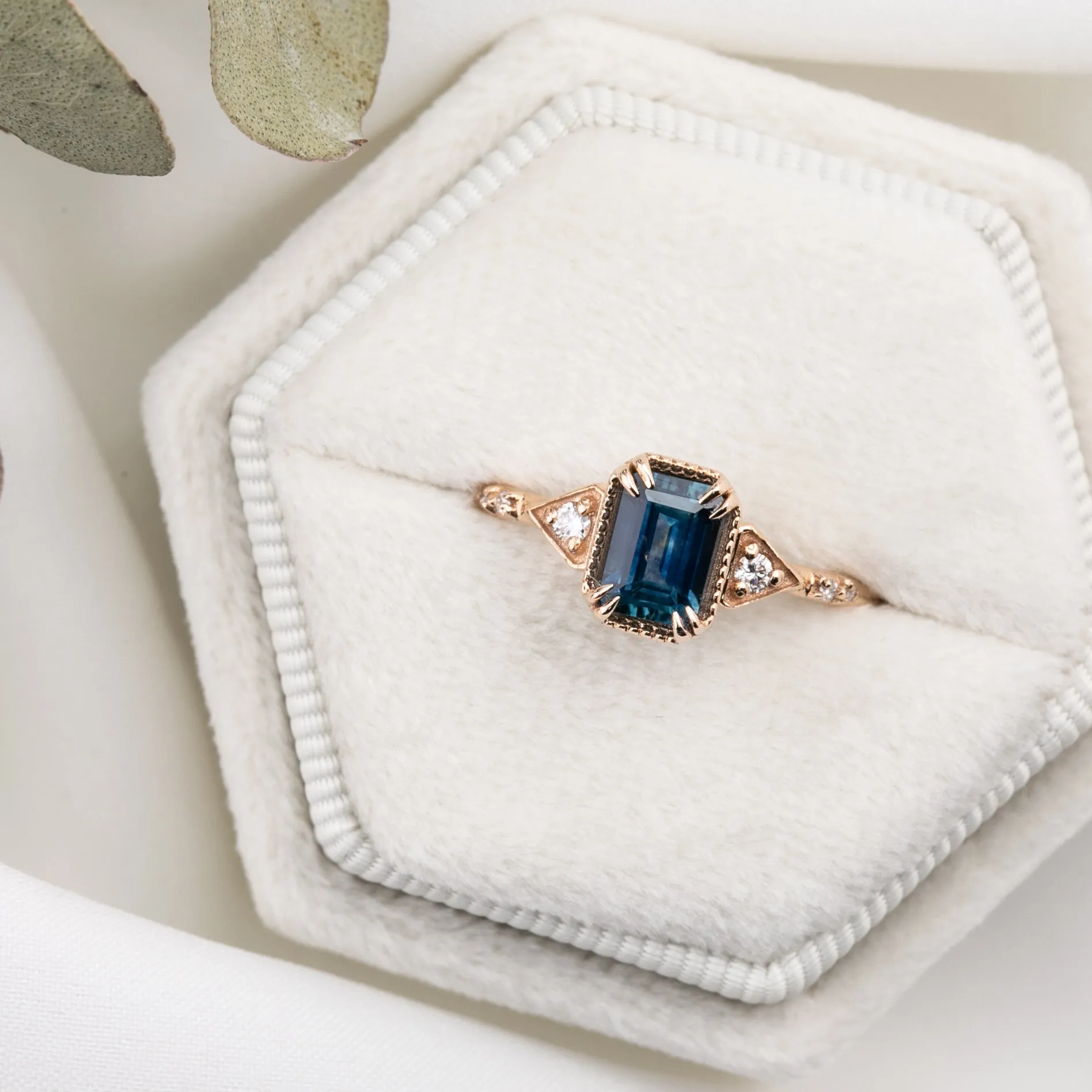 Agatha Ring 1.11ct Deep Teal Blue Emerald Montana Sapphire, 14K Rose Gold (One of a kind)