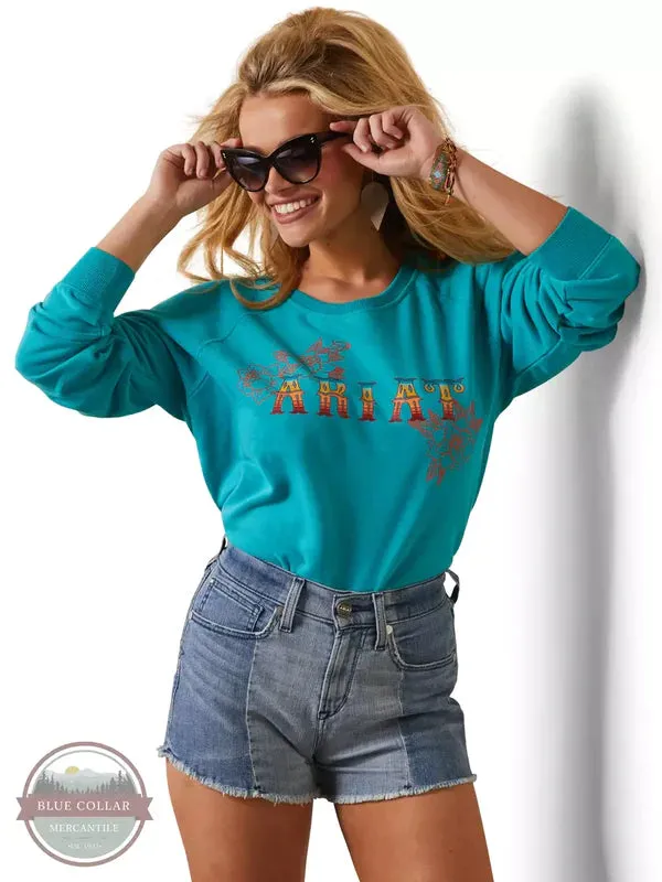 Ariat Women's Western Logo Rose Sweatshirt in Turquoise