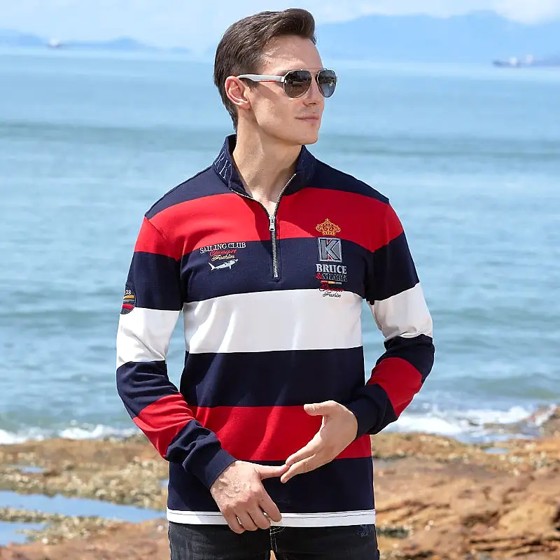 Ashore Shop New Winter and Autumn Men's Polo Long SleeveThicken Cotton Striped Loose Super Quality Fashion Casual  Big size 4XL