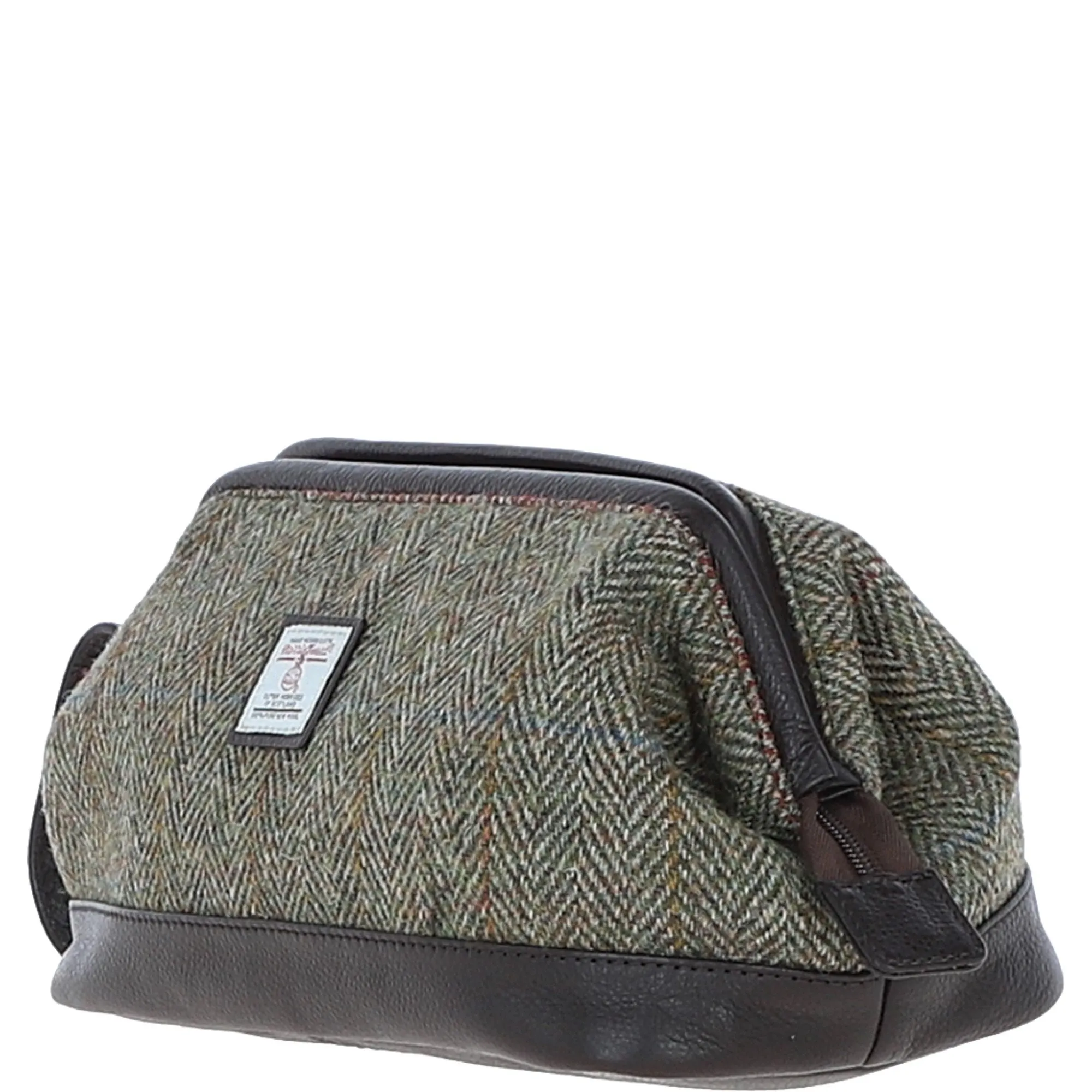 Ashwood Leather x Harris Tweed Unisex Washbag Brown/Green: TW-40-09-BG