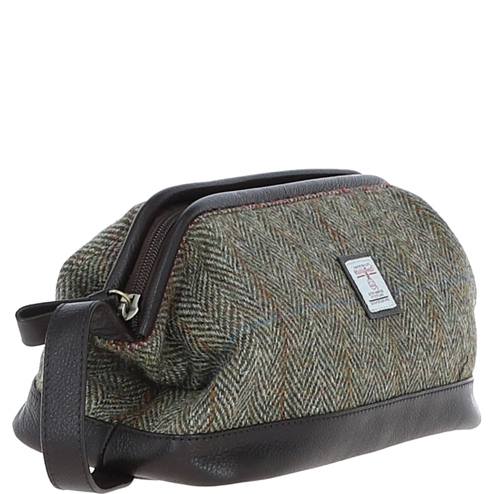 Ashwood Leather x Harris Tweed Unisex Washbag Brown/Green: TW-40-09-BG