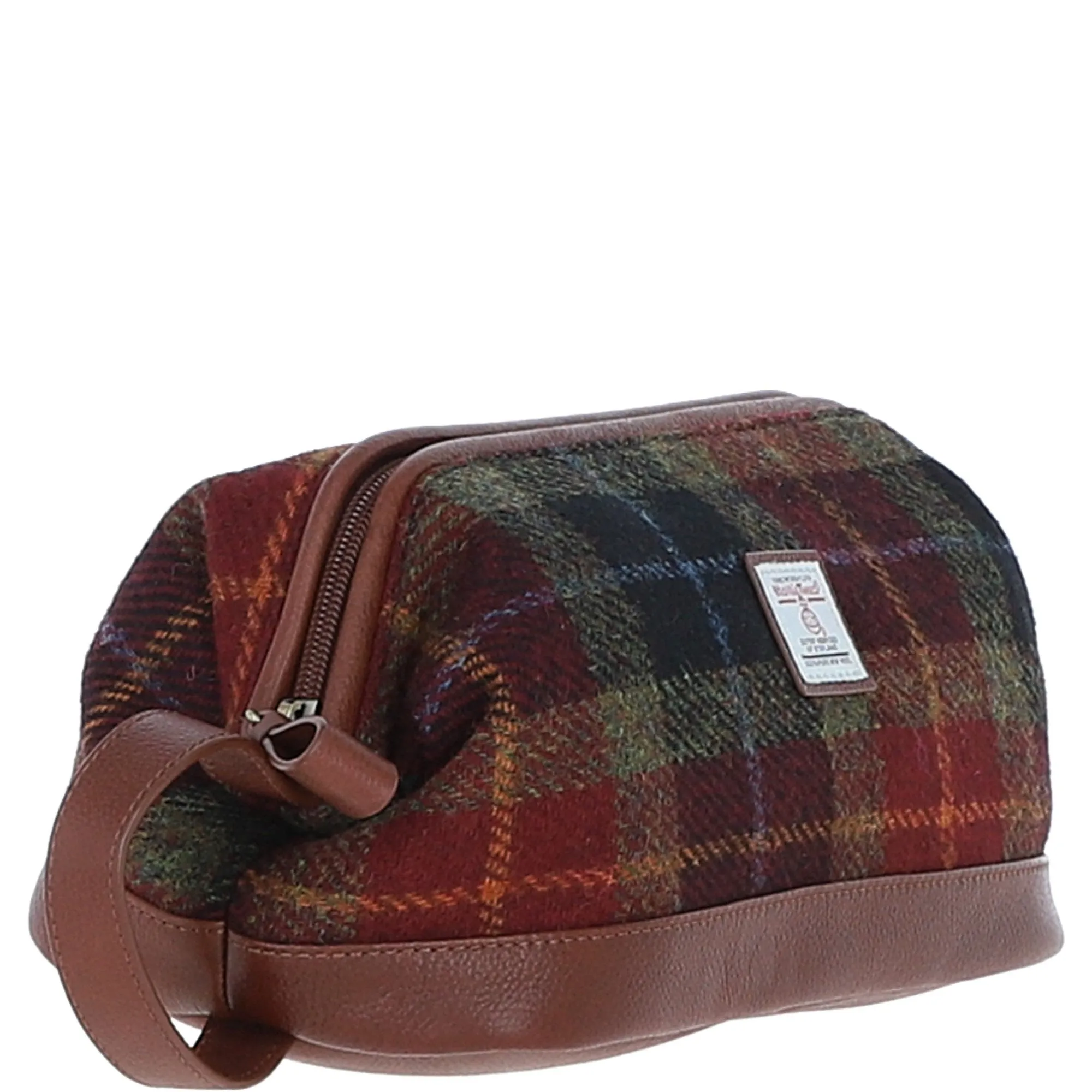 Ashwood Leather x Harris Tweed Unisex Washbag Tan/Green/Red: TW-40-08-TR