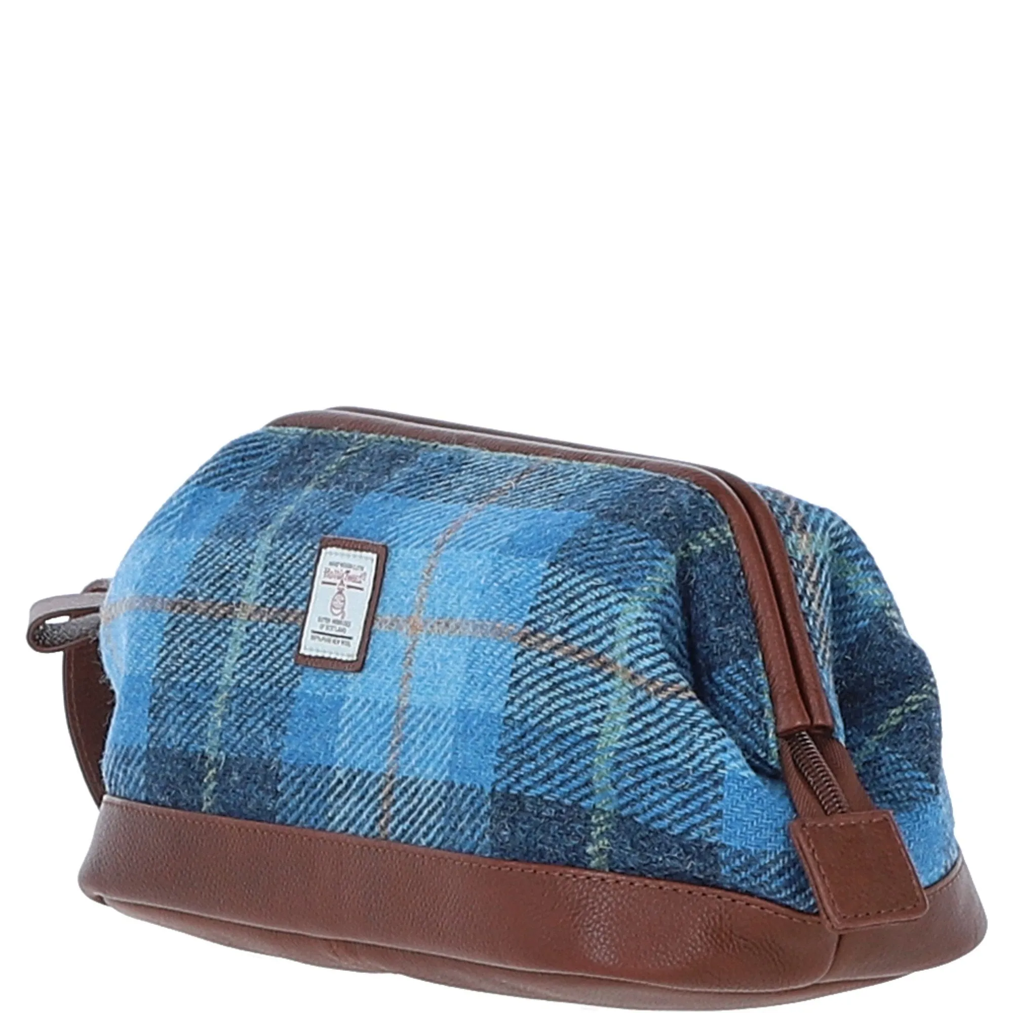 Ashwood Leather x Harris Tweed Unisex Washbag Tan/LT Blue: TW-40-05-TB