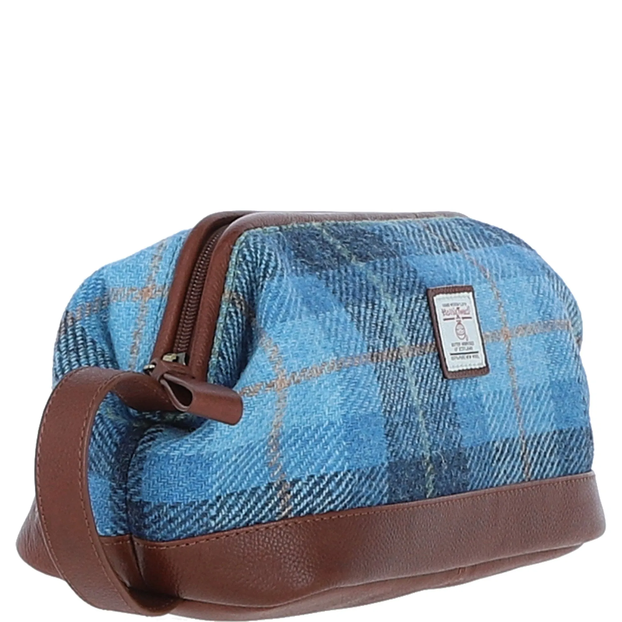 Ashwood Leather x Harris Tweed Unisex Washbag Tan/LT Blue: TW-40-05-TB