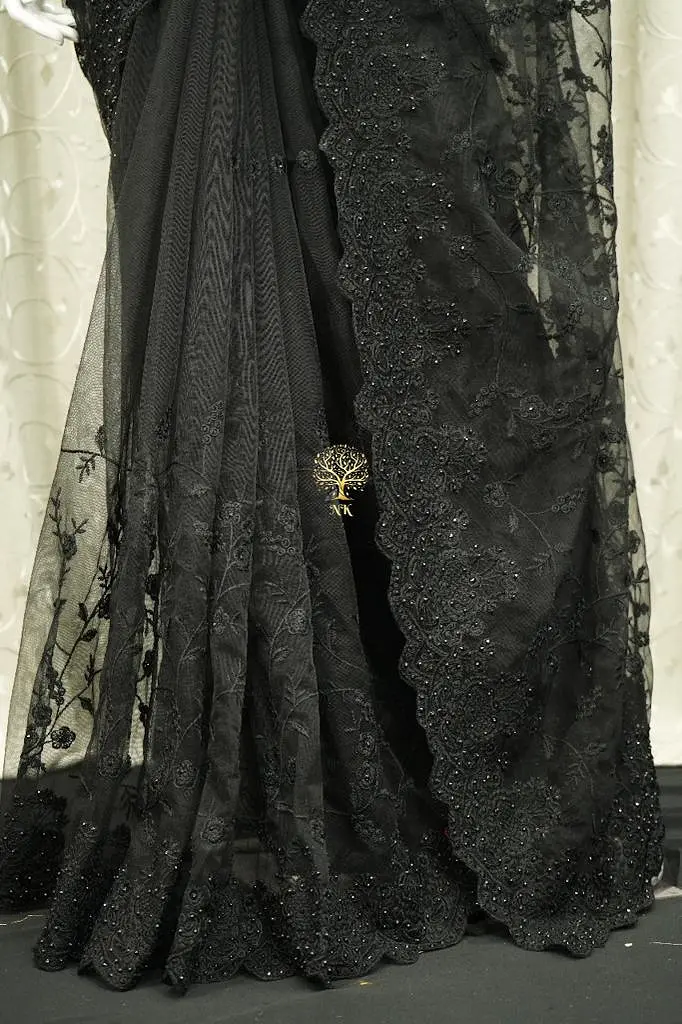 Black  Beautiful designer soft net saree with chikankari work all over highlighted with diamond work-ANI001PSBL