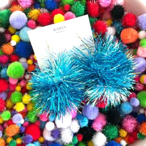 Blue & Teal Mixed Pom Pom Earrings