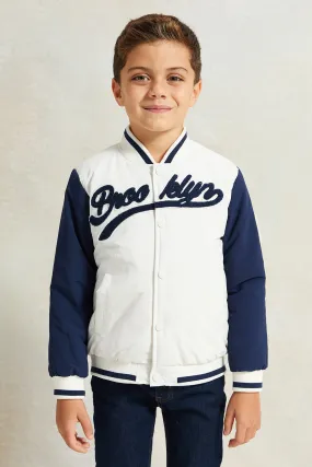 Boys White Printed Baseball Jacket