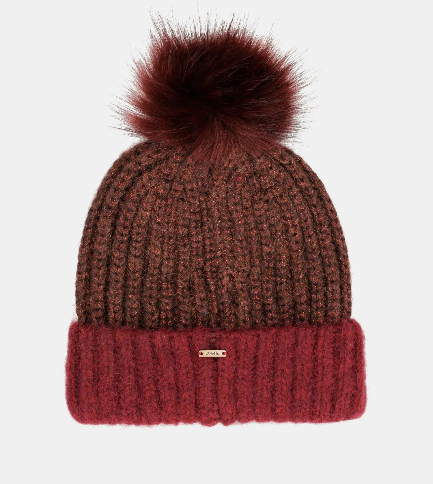 Burgundy knitted beanie with pompom