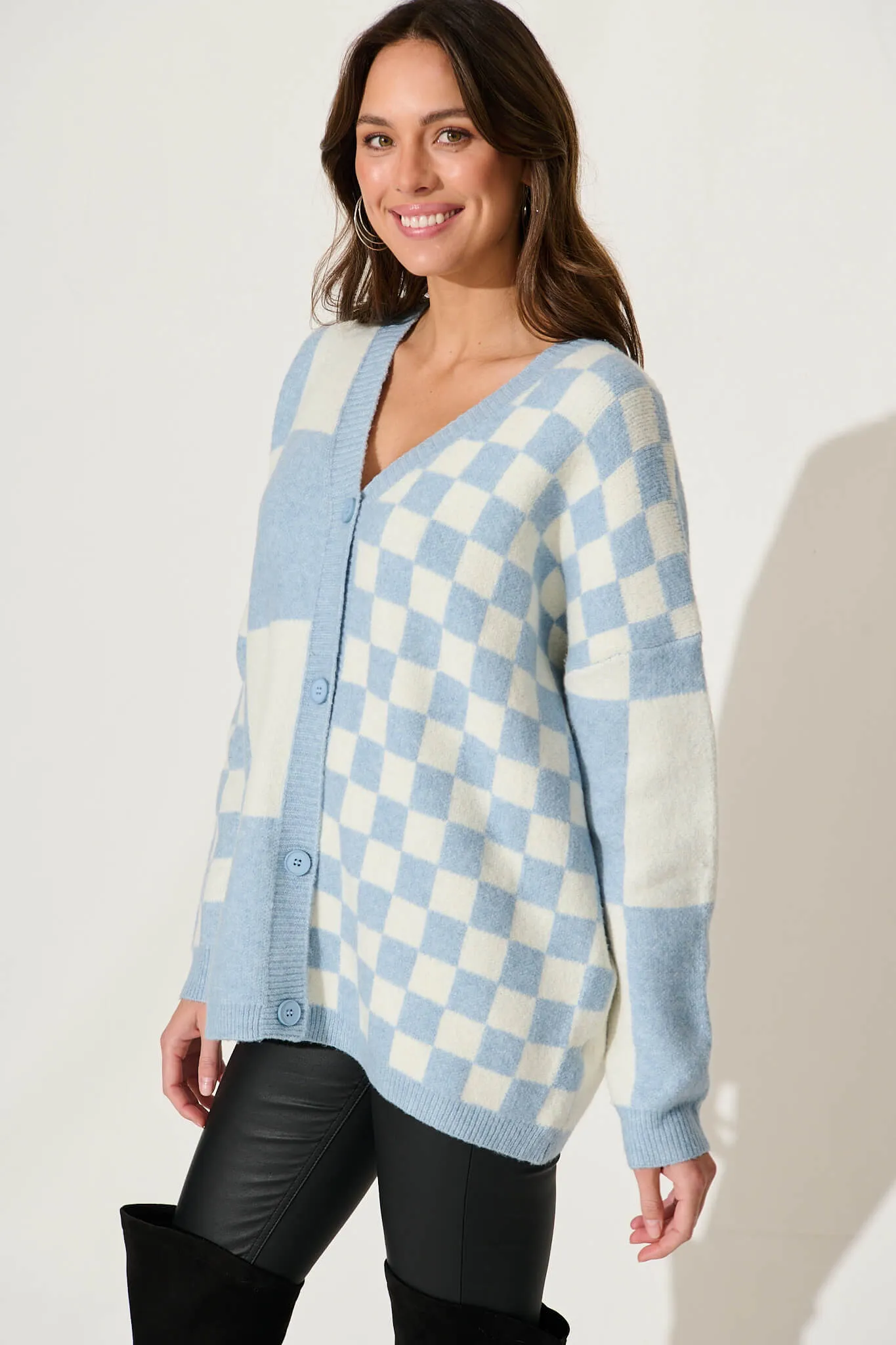 Calina Knit Cardigan In Blue Check