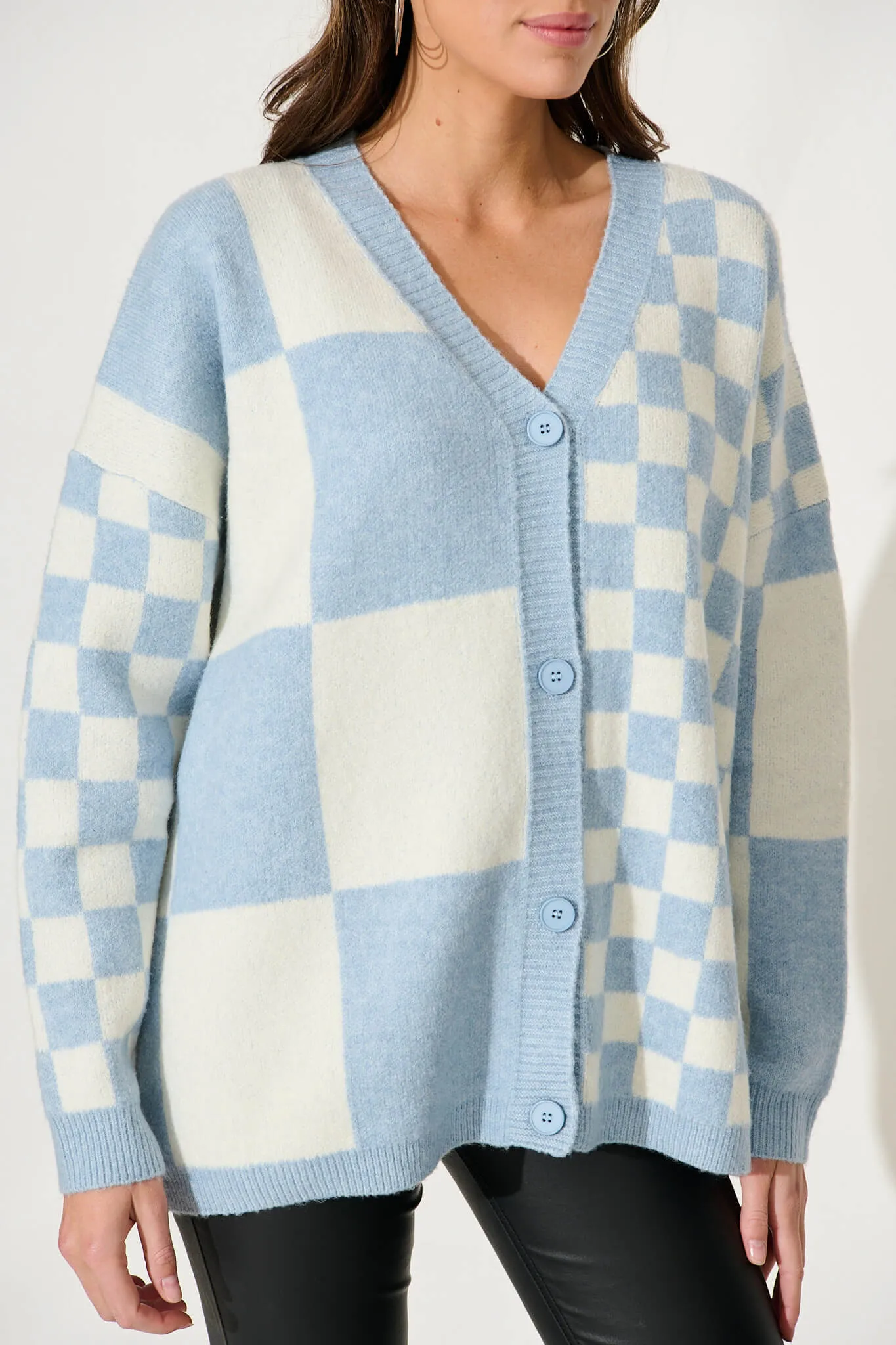 Calina Knit Cardigan In Blue Check