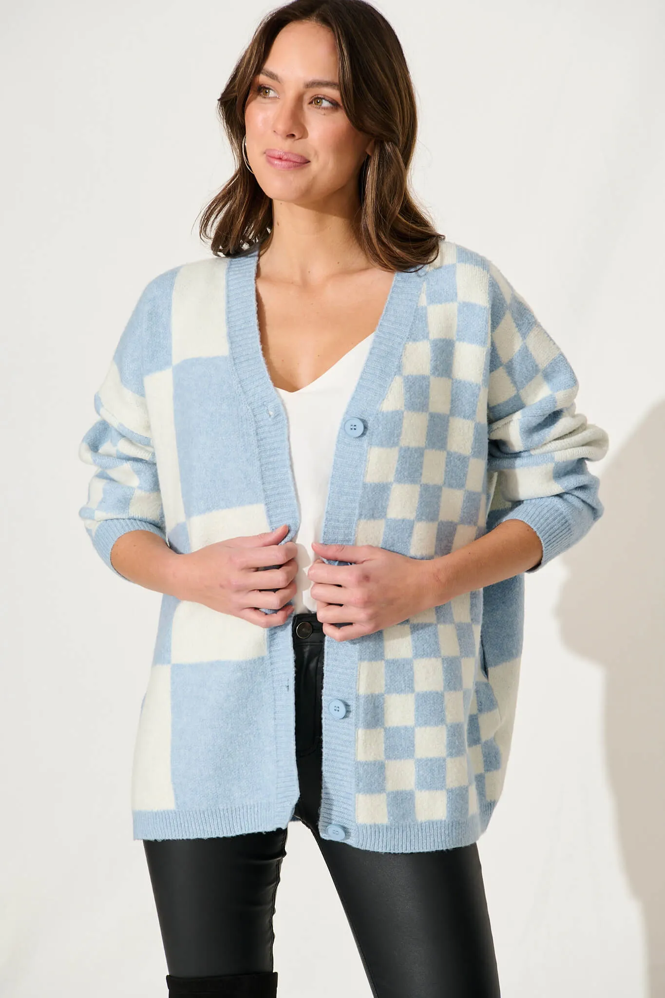 Calina Knit Cardigan In Blue Check