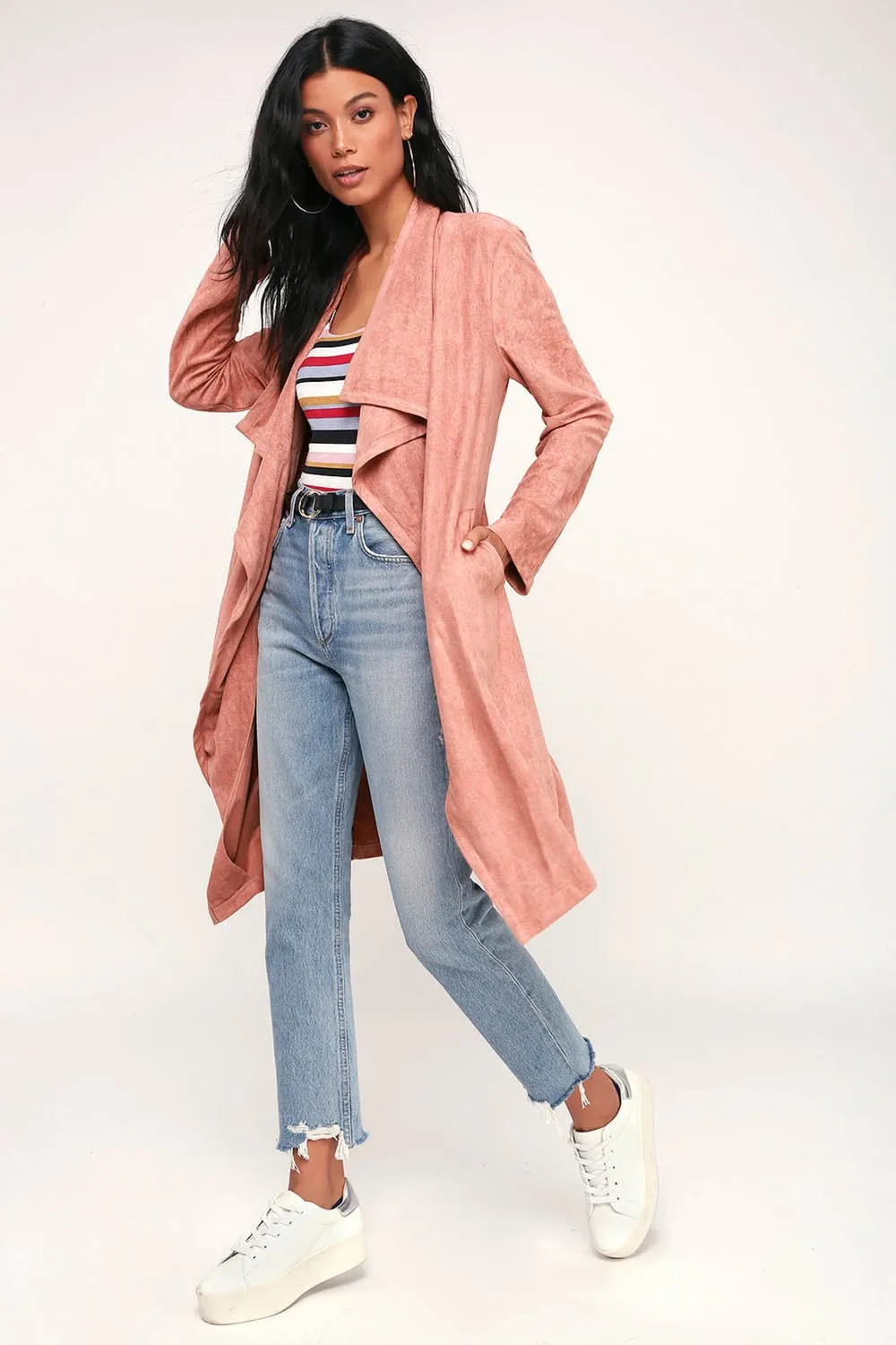 Cardigan Déconracté Ceinture à Taille Manteau d'automne Rose