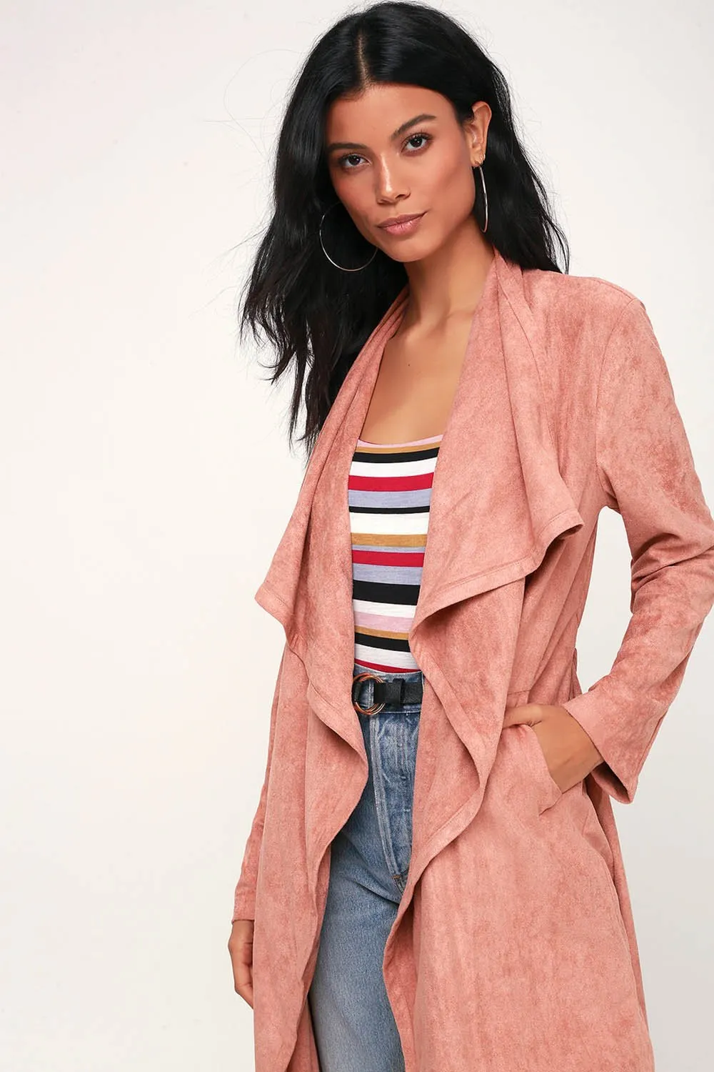 Cardigan Déconracté Ceinture à Taille Manteau d'automne Rose