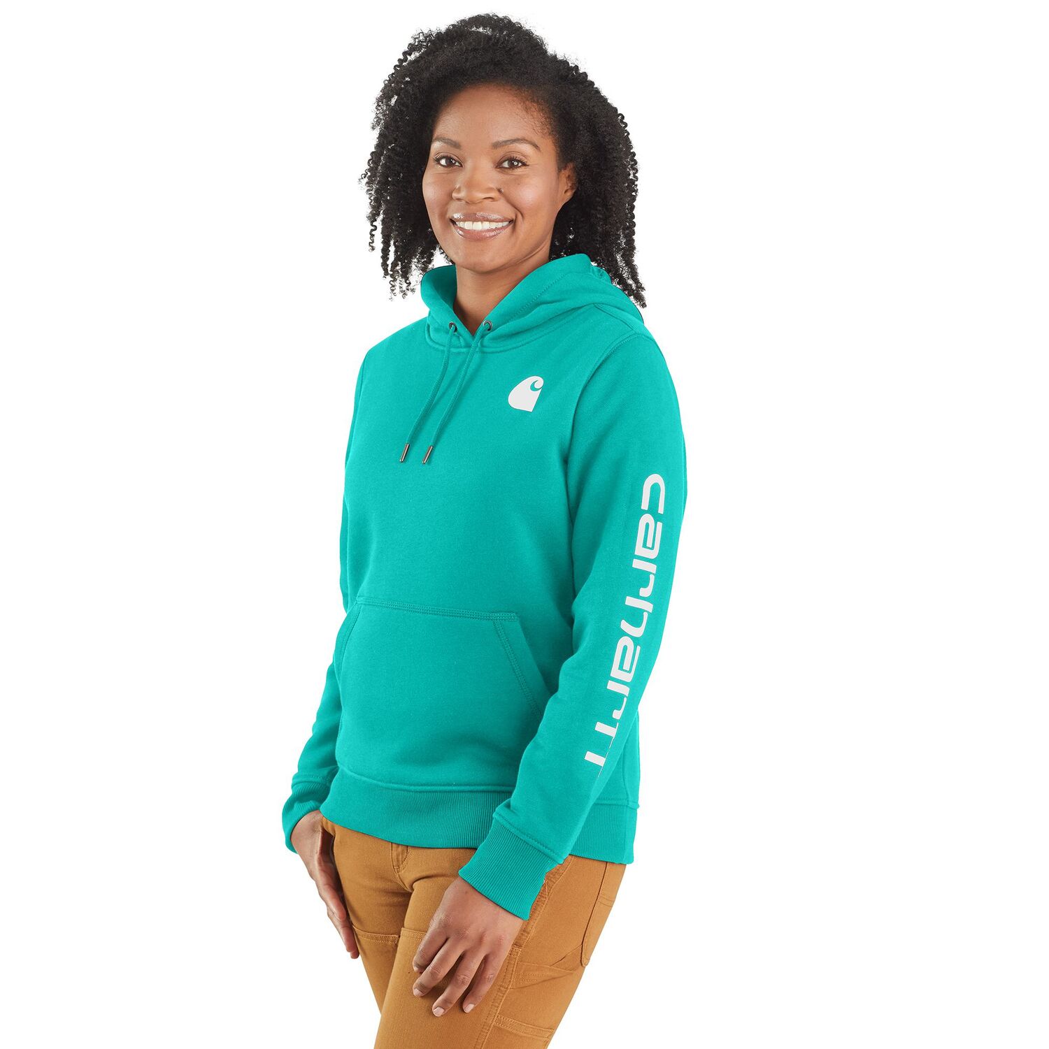 Carhartt Women's Relaxed Fit Midweight Logo Sleeve Graphic Hoodie in Aqua Vintage