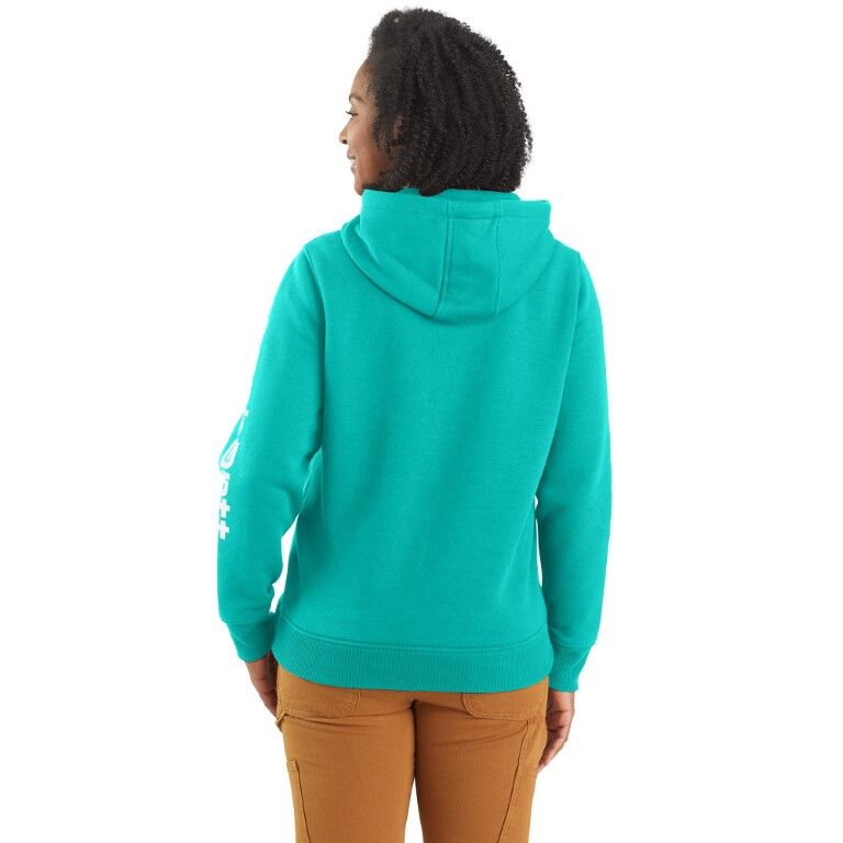 Carhartt Women's Relaxed Fit Midweight Logo Sleeve Graphic Hoodie in Aqua Vintage