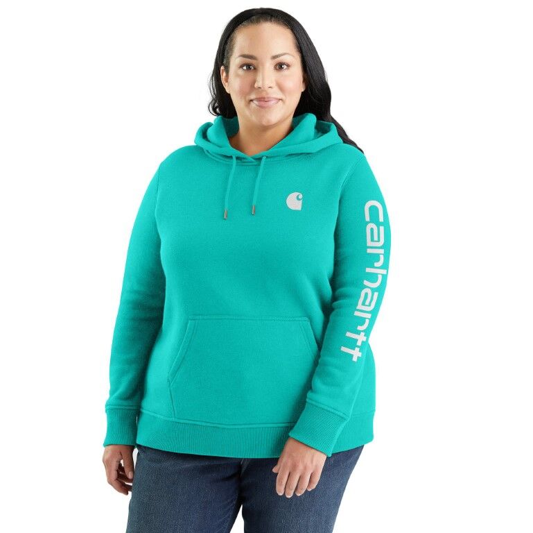 Carhartt Women's Relaxed Fit Midweight Logo Sleeve Graphic Hoodie in Aqua Vintage