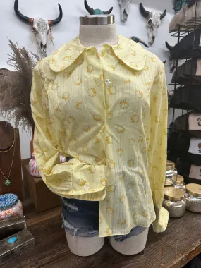 Carol Brent Baby Yellow Floral Wreath Design Vintage Button Up Blouse - Size M/L - 6/8/10