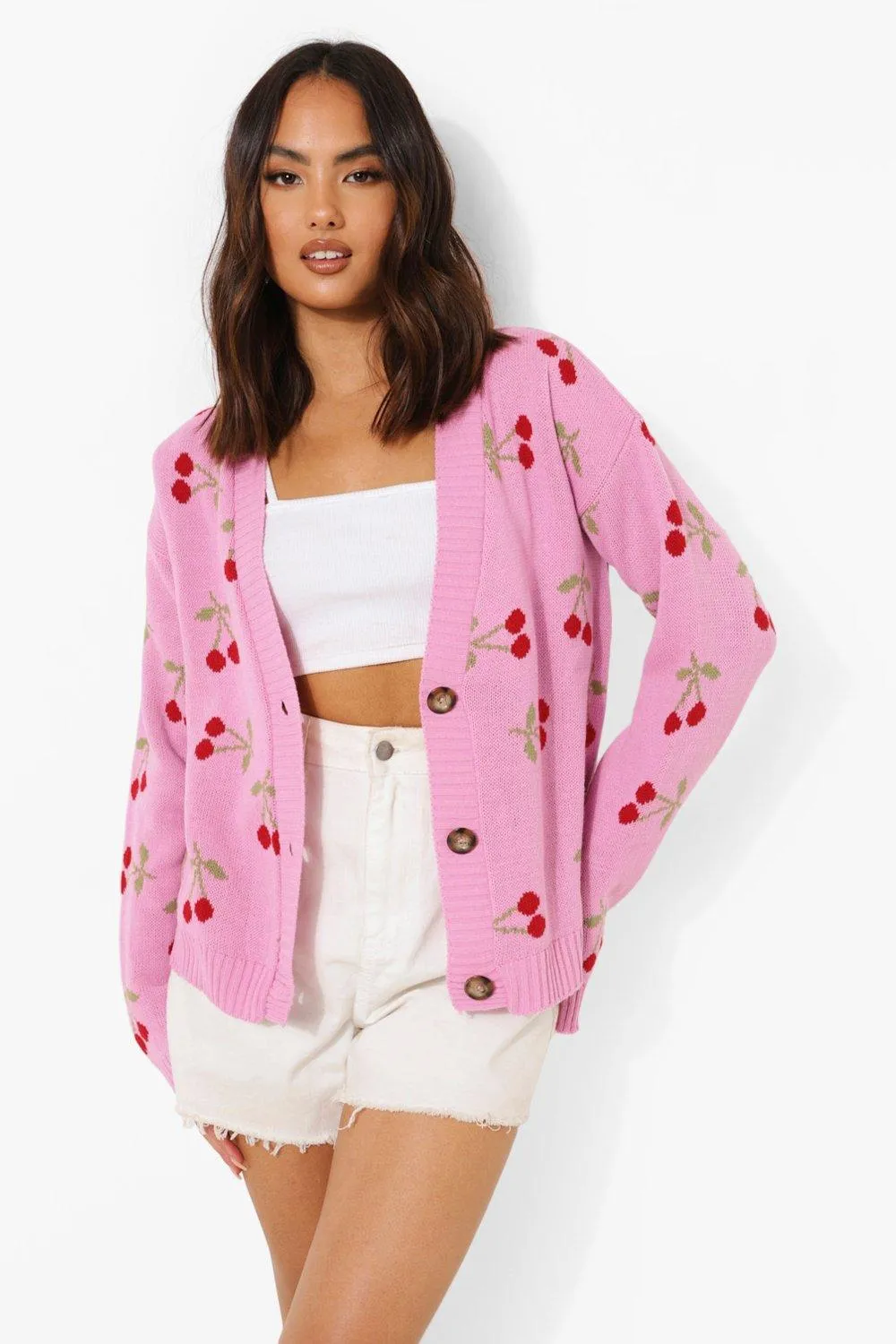 Cherry Print Cropped Cardigan