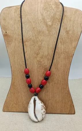 Cowrie Necklace Red Black Leather Jewelry Beaded Shell Gift Unisex Statement