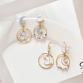 Cute Moon And Rabbit Pearl Beads Earrings Ear Clip AD11901