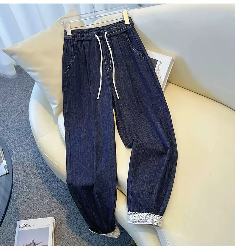 Dark Blue Harem Jeans Women's Spring Autumn 2024 New High Waist Slim Lace Splicing Nine-Point Dad Pants