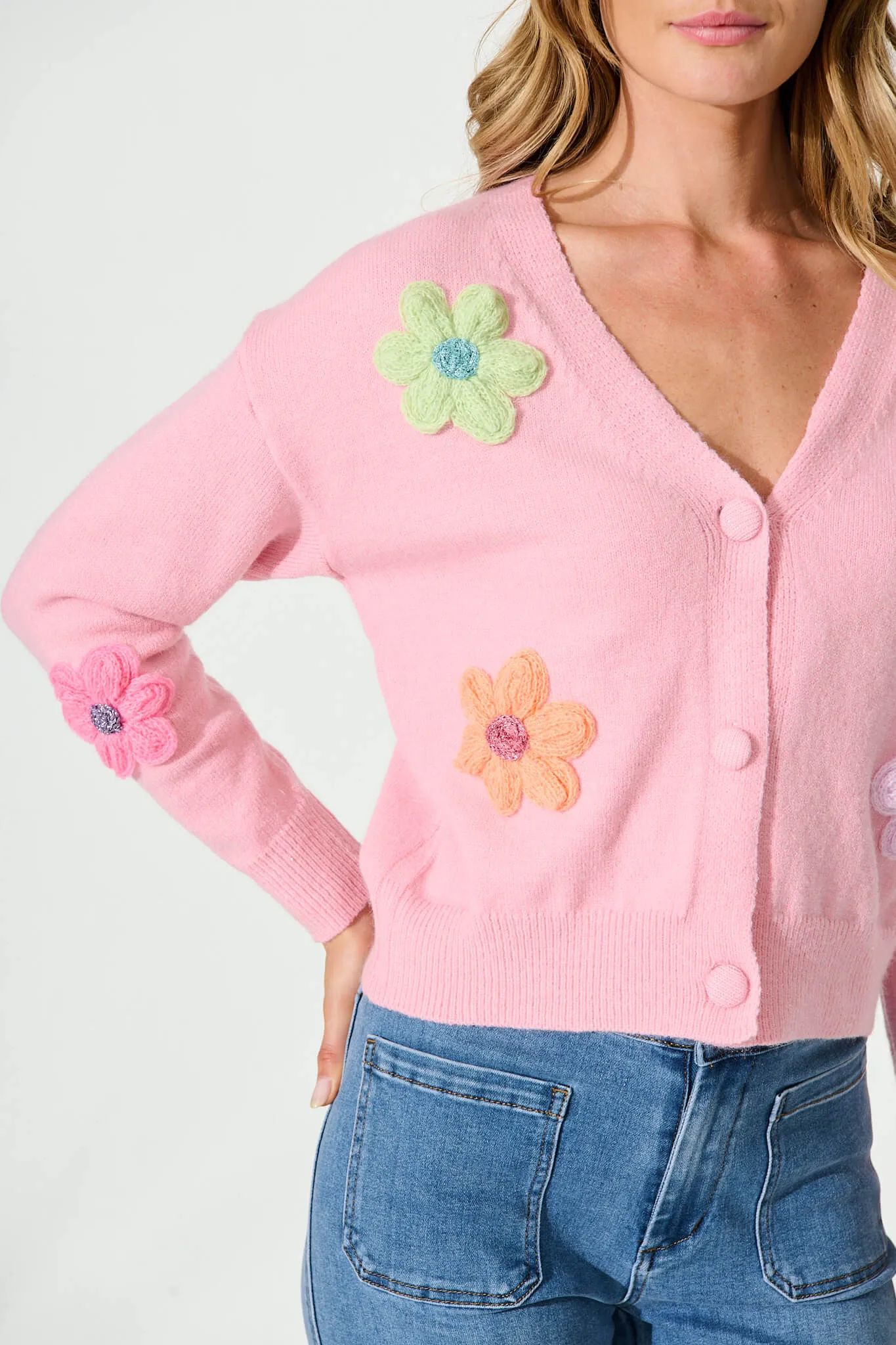 Daytales Knit Cardigan In Pink With Multi Flower Wool Blend