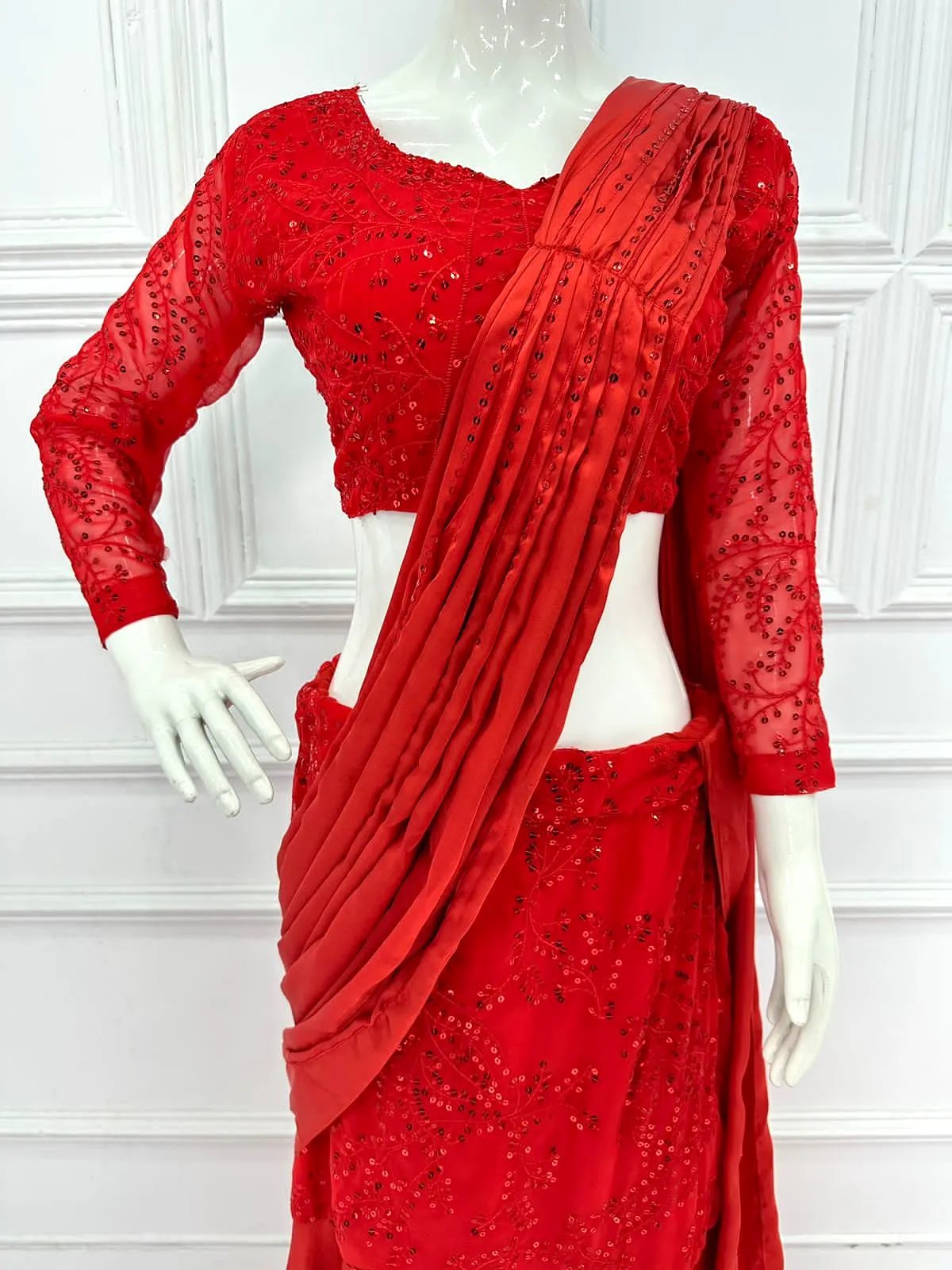 Designer Red Lehenga Saree With embroidered Dupatta and Stitched Blouse-PARUL001LS