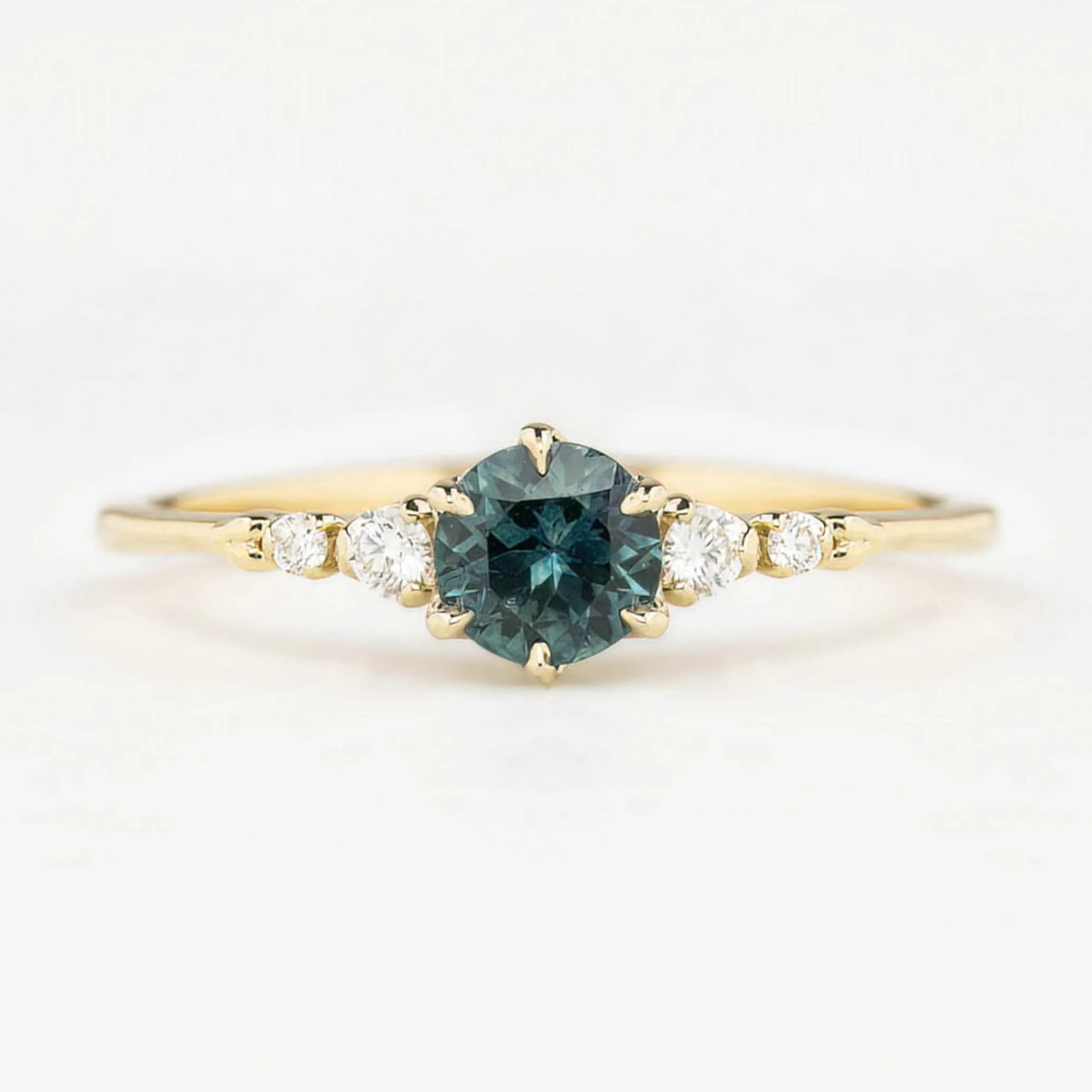 Estel Fleur Ring 5mm Teal Blue Green Round Queensland Sapphire 14K Yellow Gold