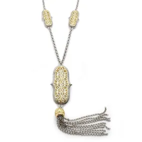 Fancy Filigree With Tassel Pendant Necklace Two Tone