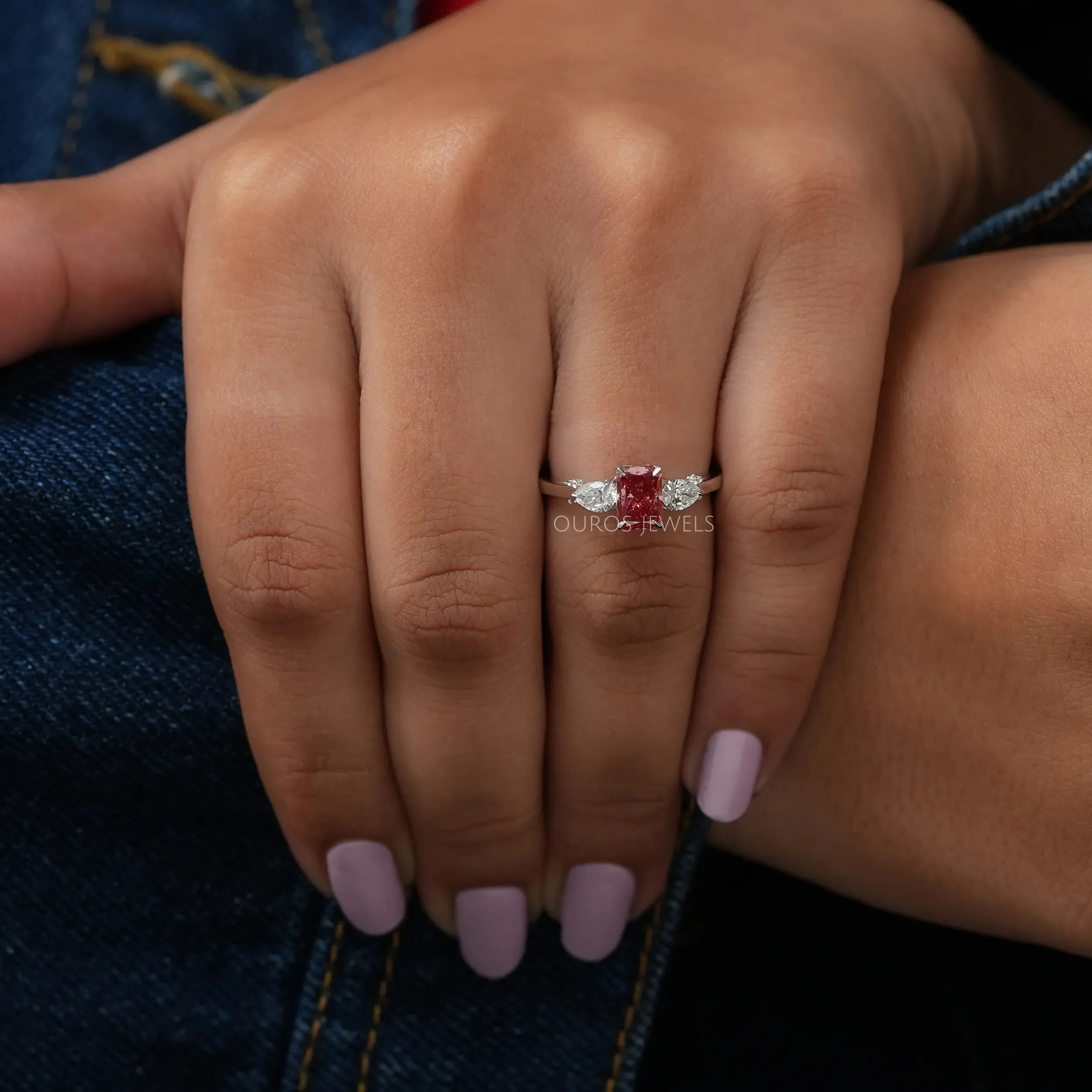 Fancy Radiant With Pear Cut Three Stone Ring