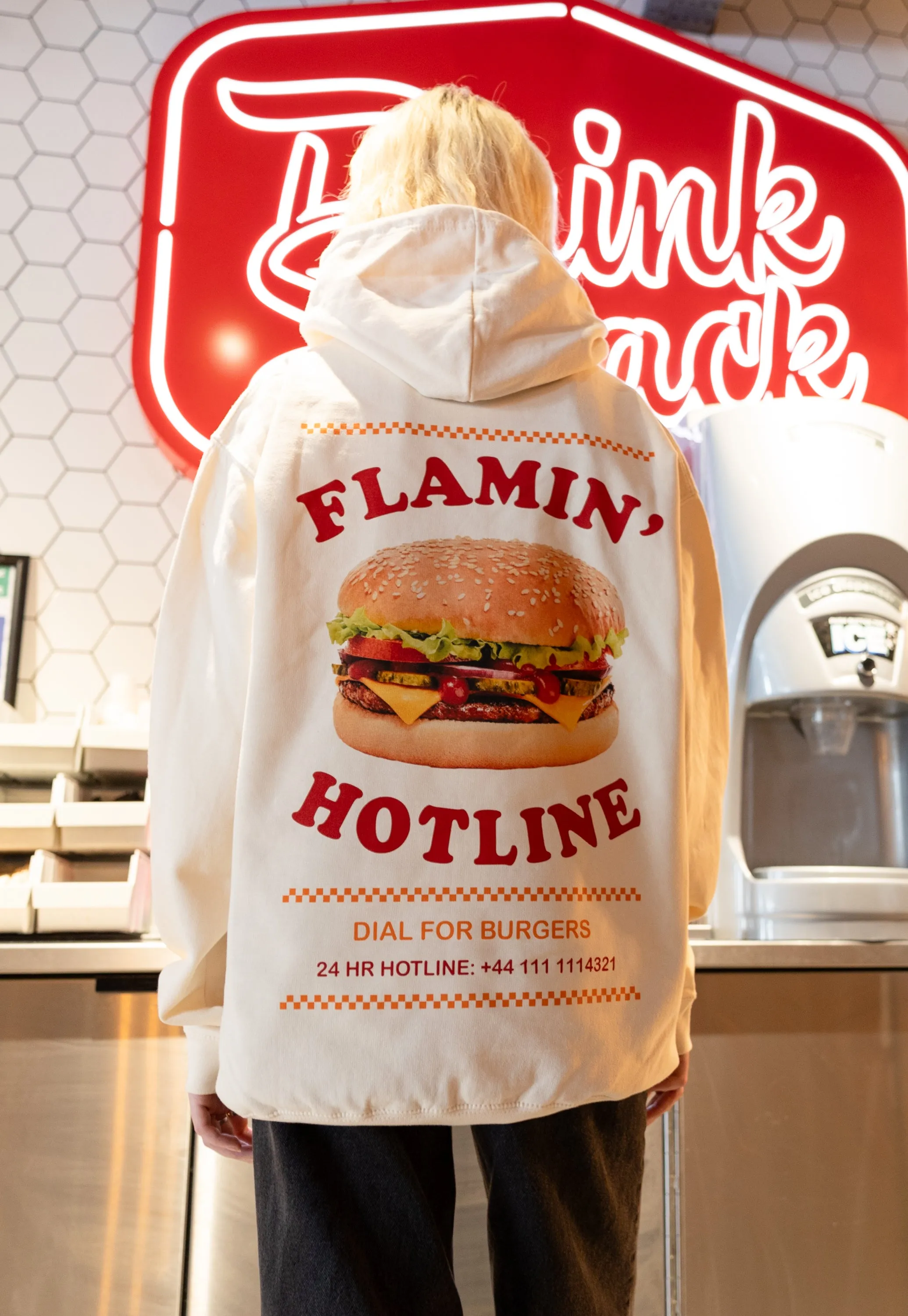 Flamin’ Hotline Burger Hoodie in Vanilla