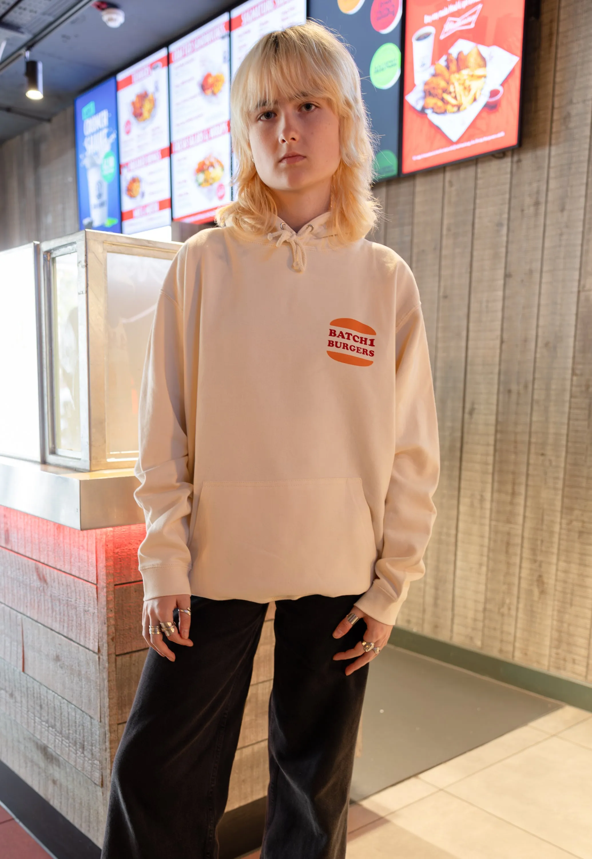 Flamin’ Hotline Burger Hoodie in Vanilla