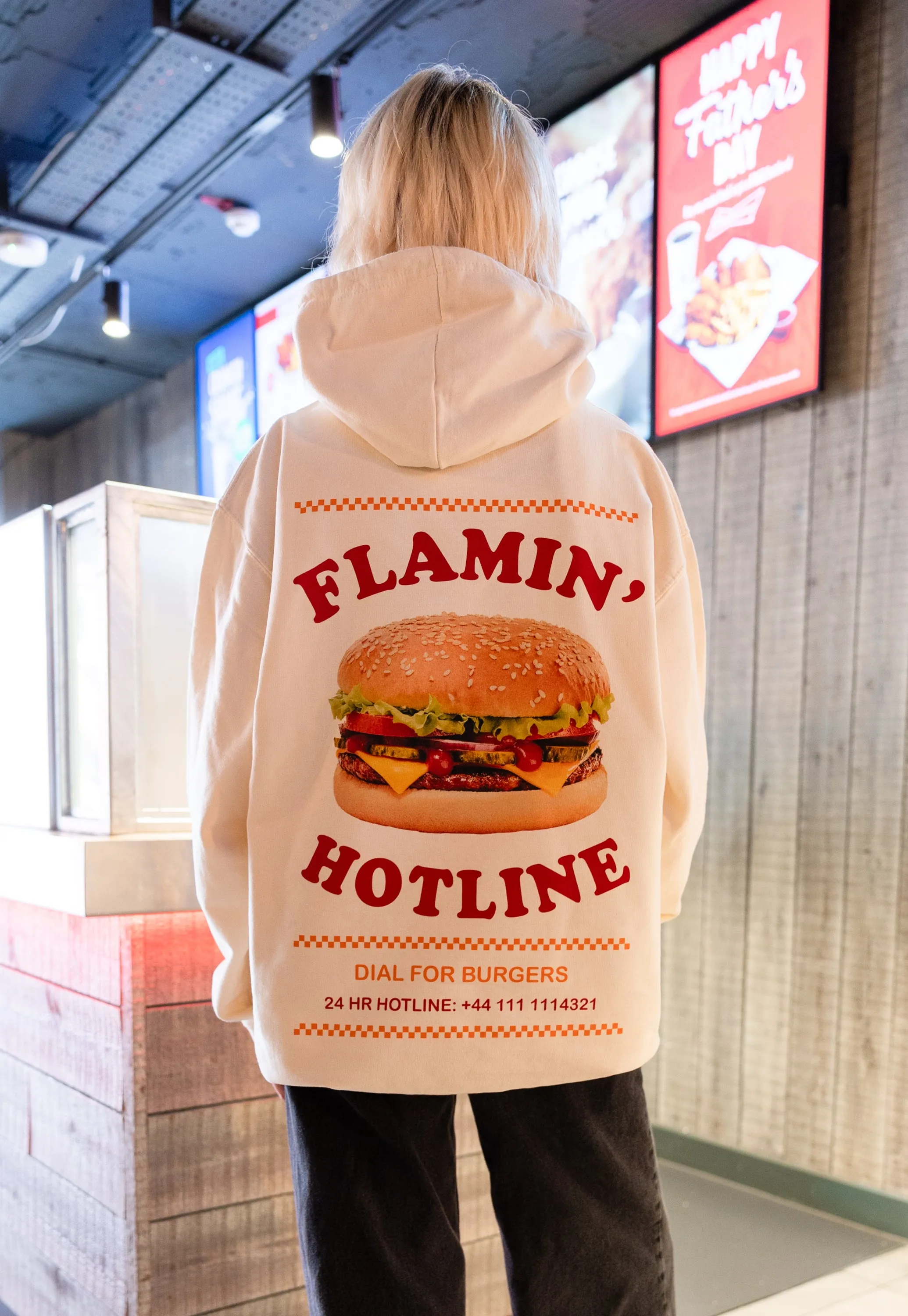 Flamin’ Hotline Burger Hoodie in Vanilla