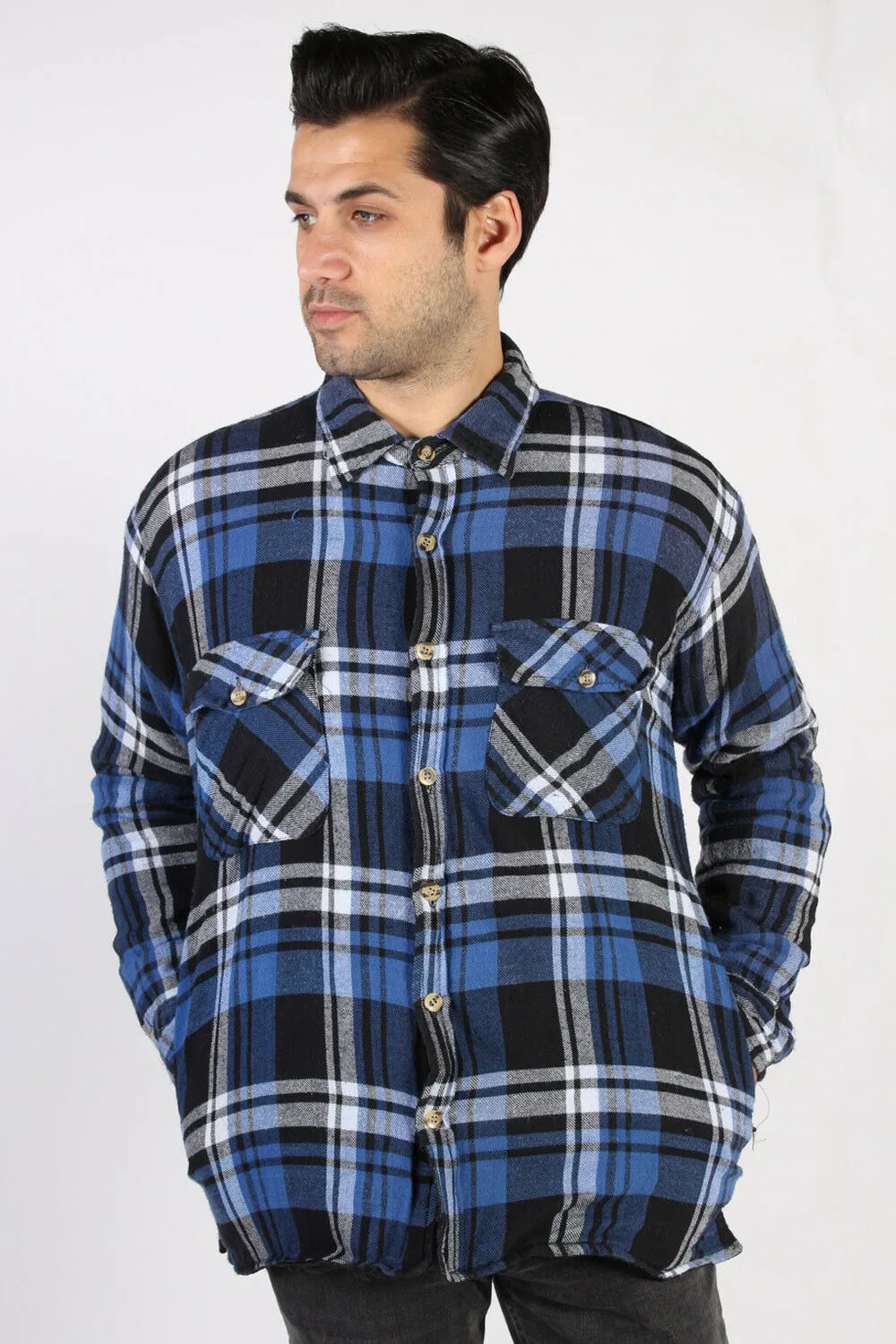 Flannel Lumberjack Shirt 90s Retro Men Vintage Top Blue Size L - Pepper Tree London