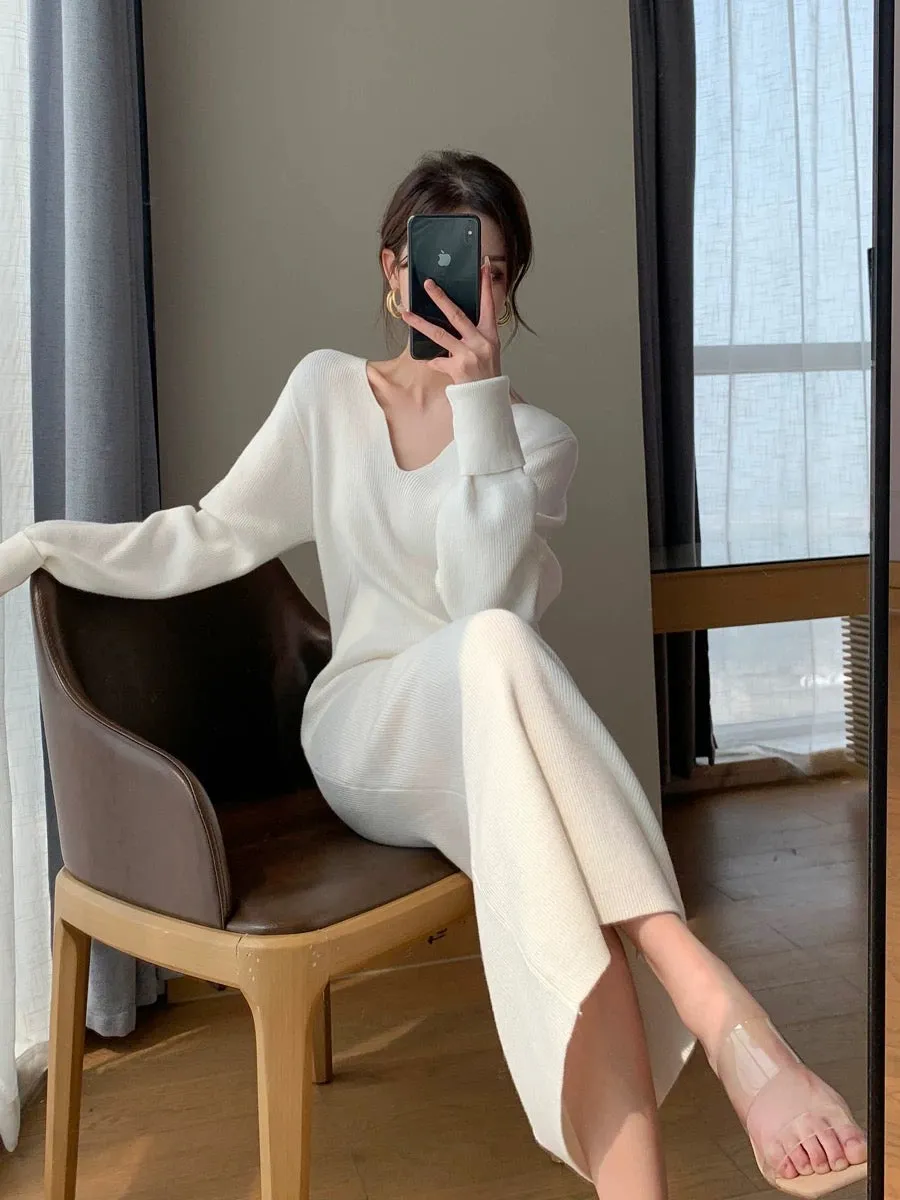 FT GUOGE white knitted dress for women 2023 autumn and winter new V-neck French style with coat and base skirt