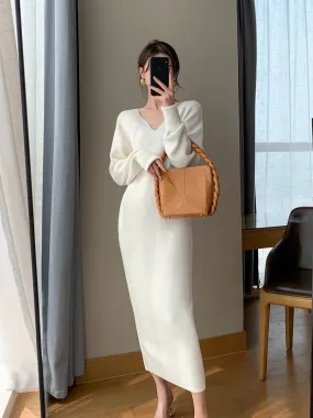 FT GUOGE white knitted dress for women 2023 autumn and winter new V-neck French style with coat and base skirt