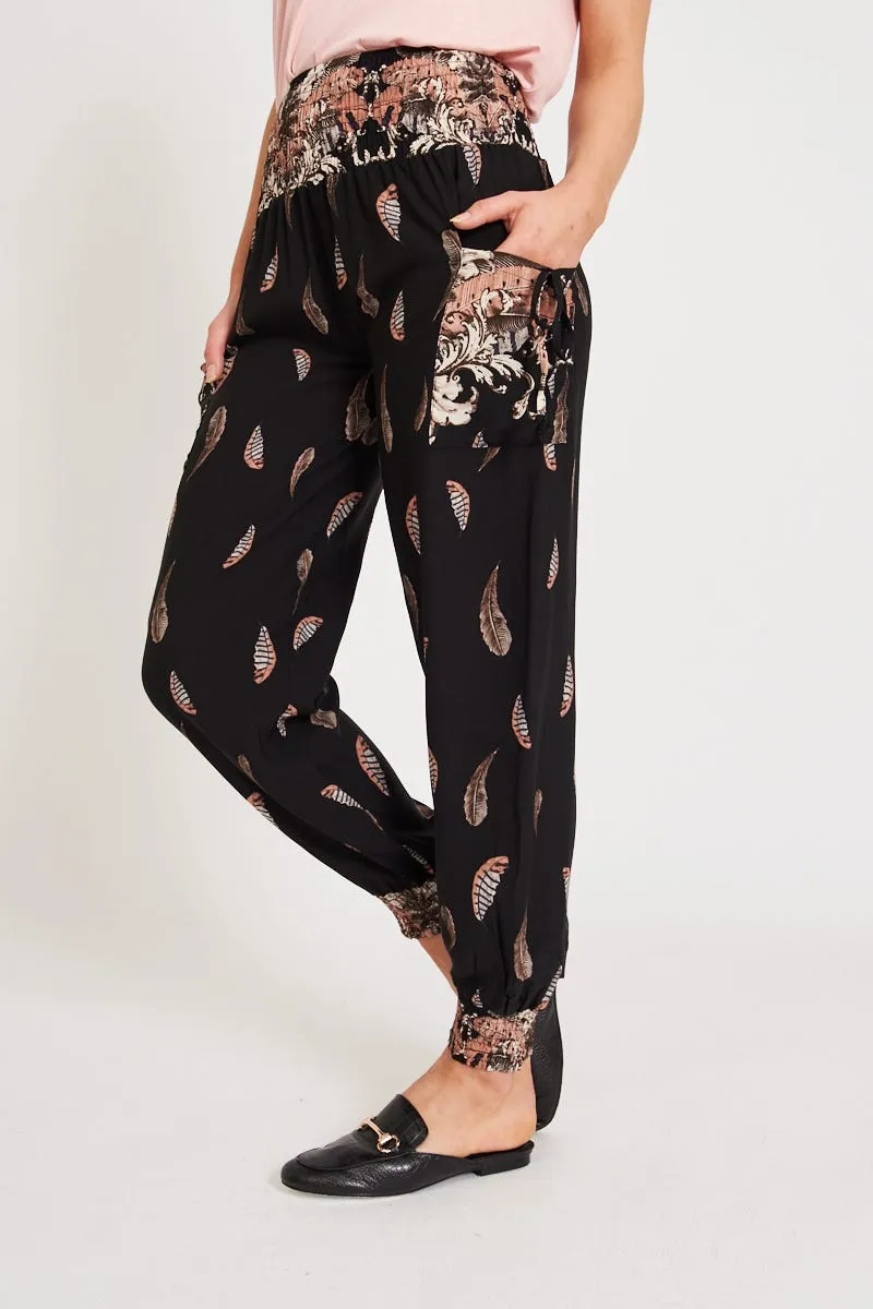 Gabby Lounge Pants in Black with Blush Leaf