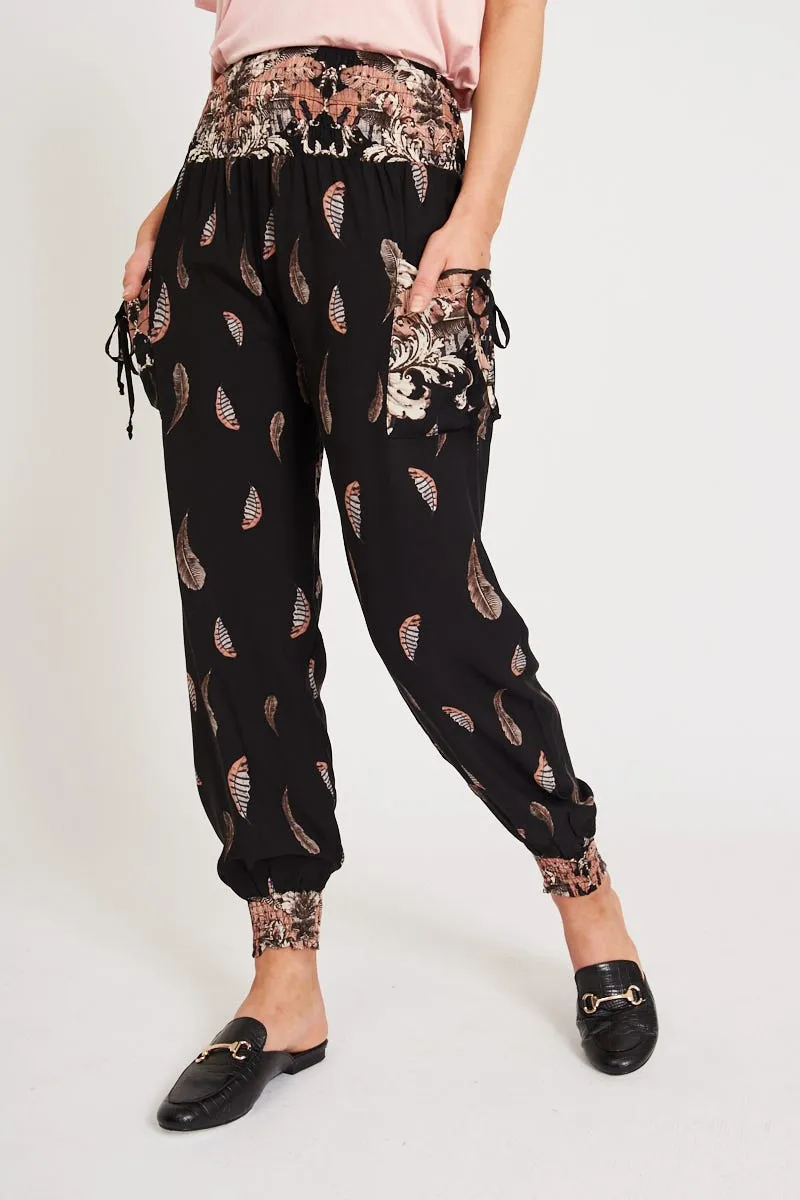 Gabby Lounge Pants in Black with Blush Leaf