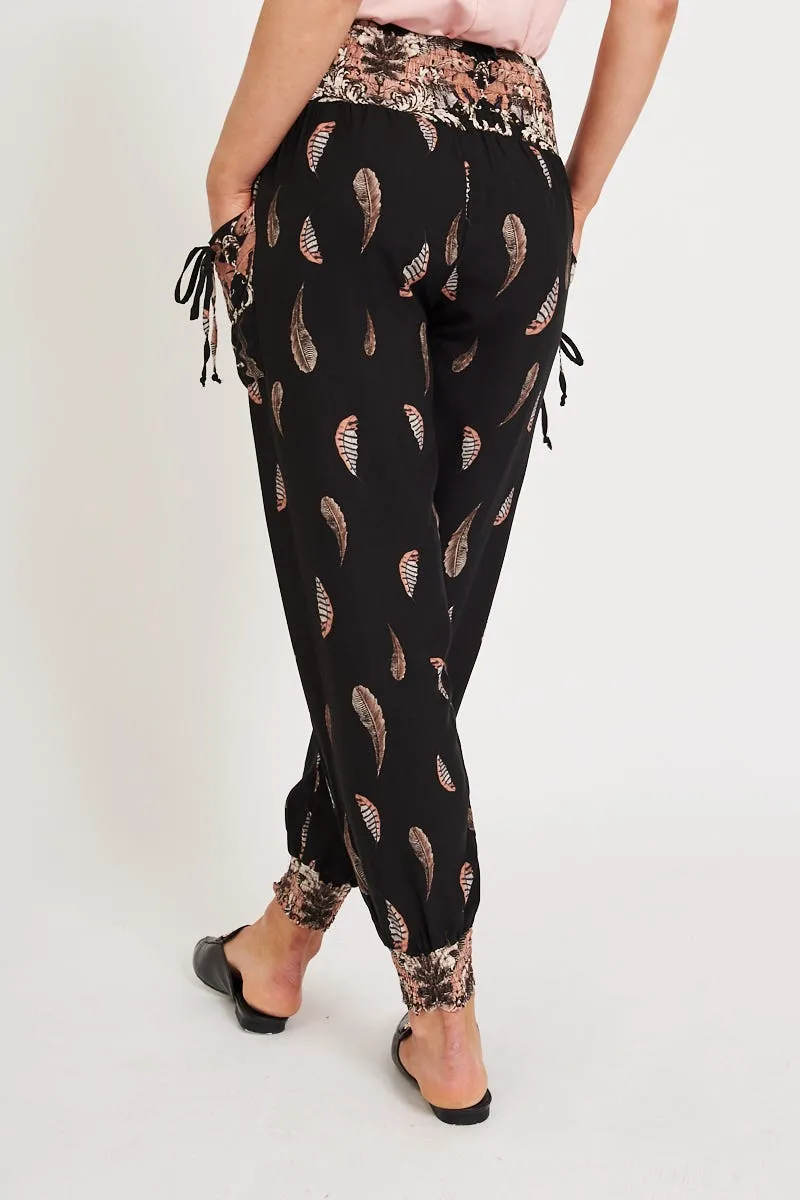 Gabby Lounge Pants in Black with Blush Leaf