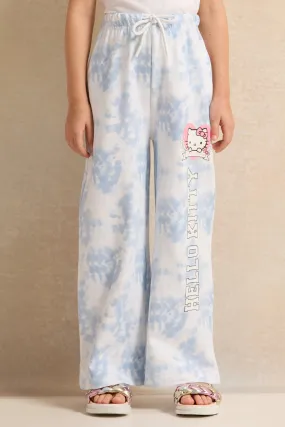 Girls White And Blue Printed Track Pants