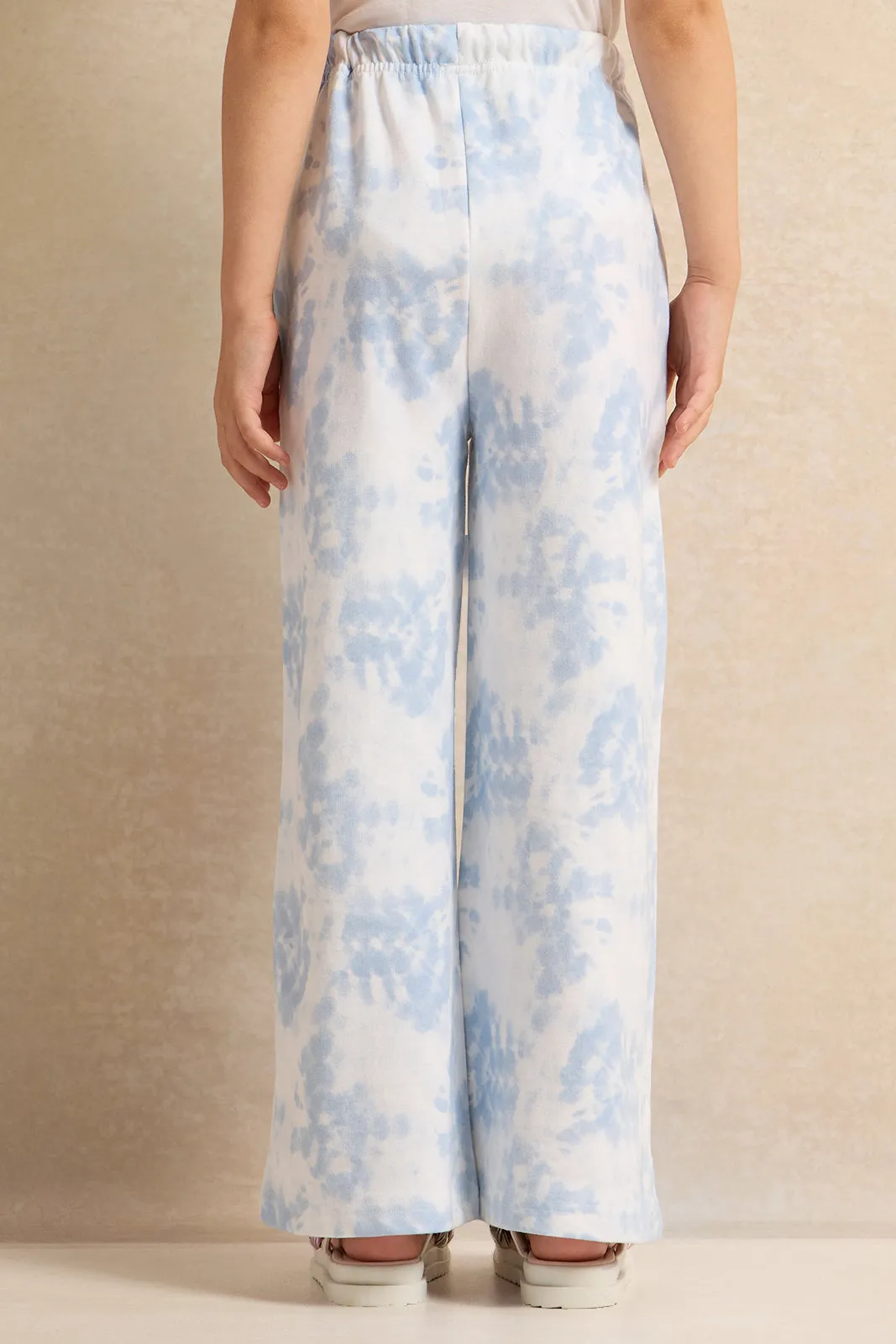 Girls White And Blue Printed Track Pants